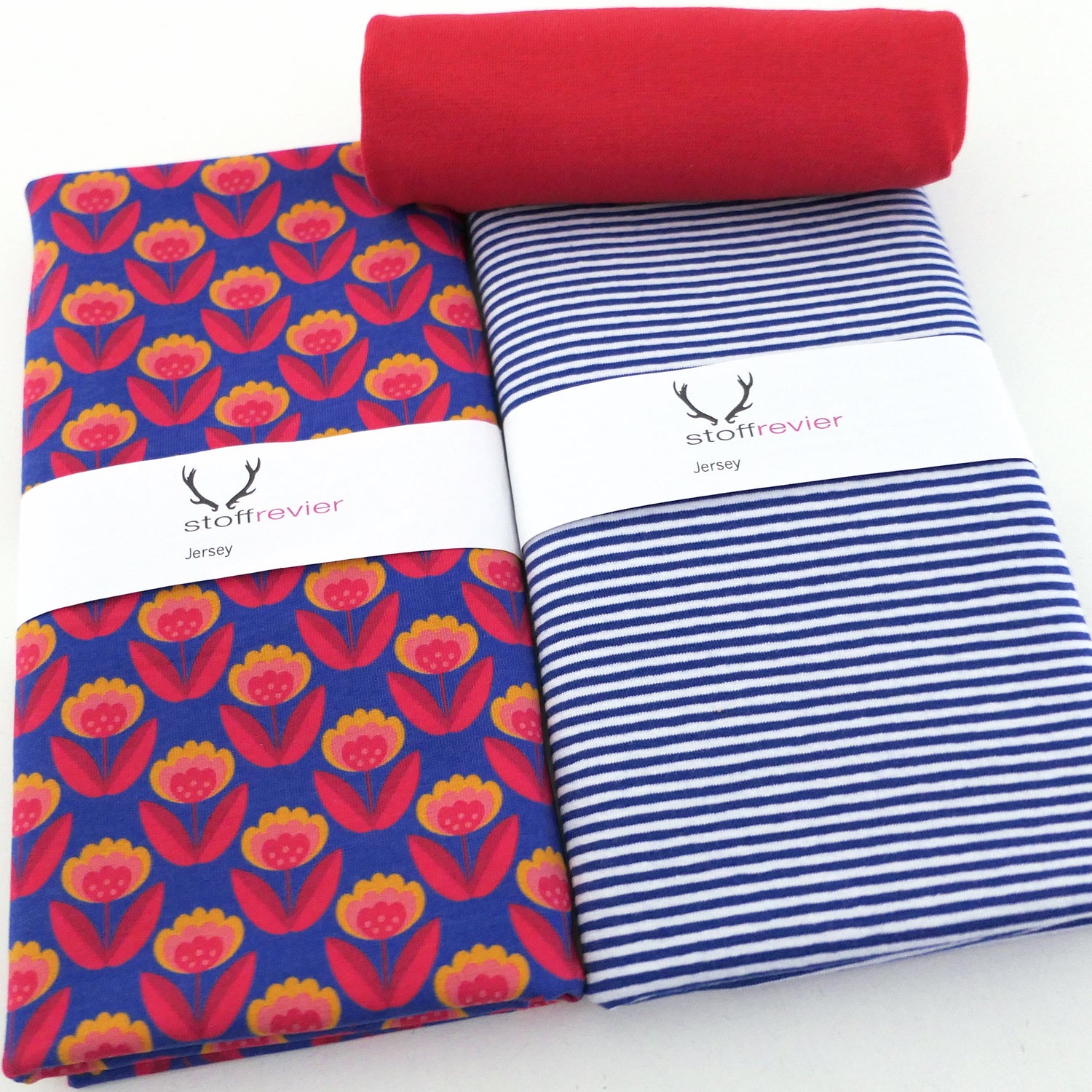 Stoffpaket Jersey, Retroblume, Blau, Ringel Royalblau und Bündchen