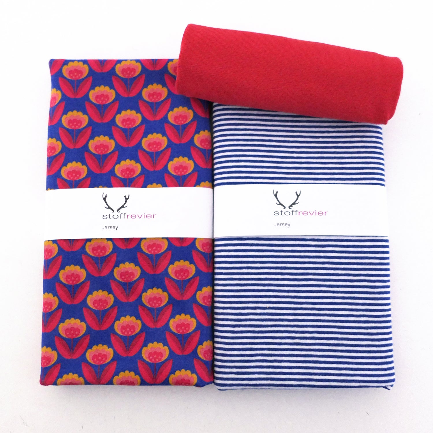Stoffpaket Jersey, Retroblume, Blau, Ringel Royalblau und Bündchen