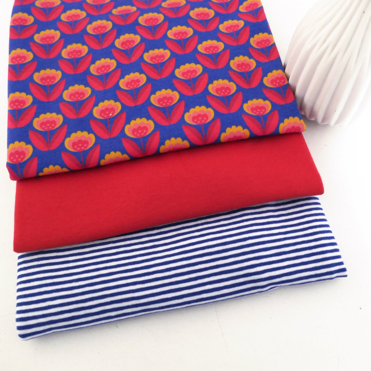 Stoffpaket Jersey, Retroblume, Blau, Ringel Royalblau und Bündchen