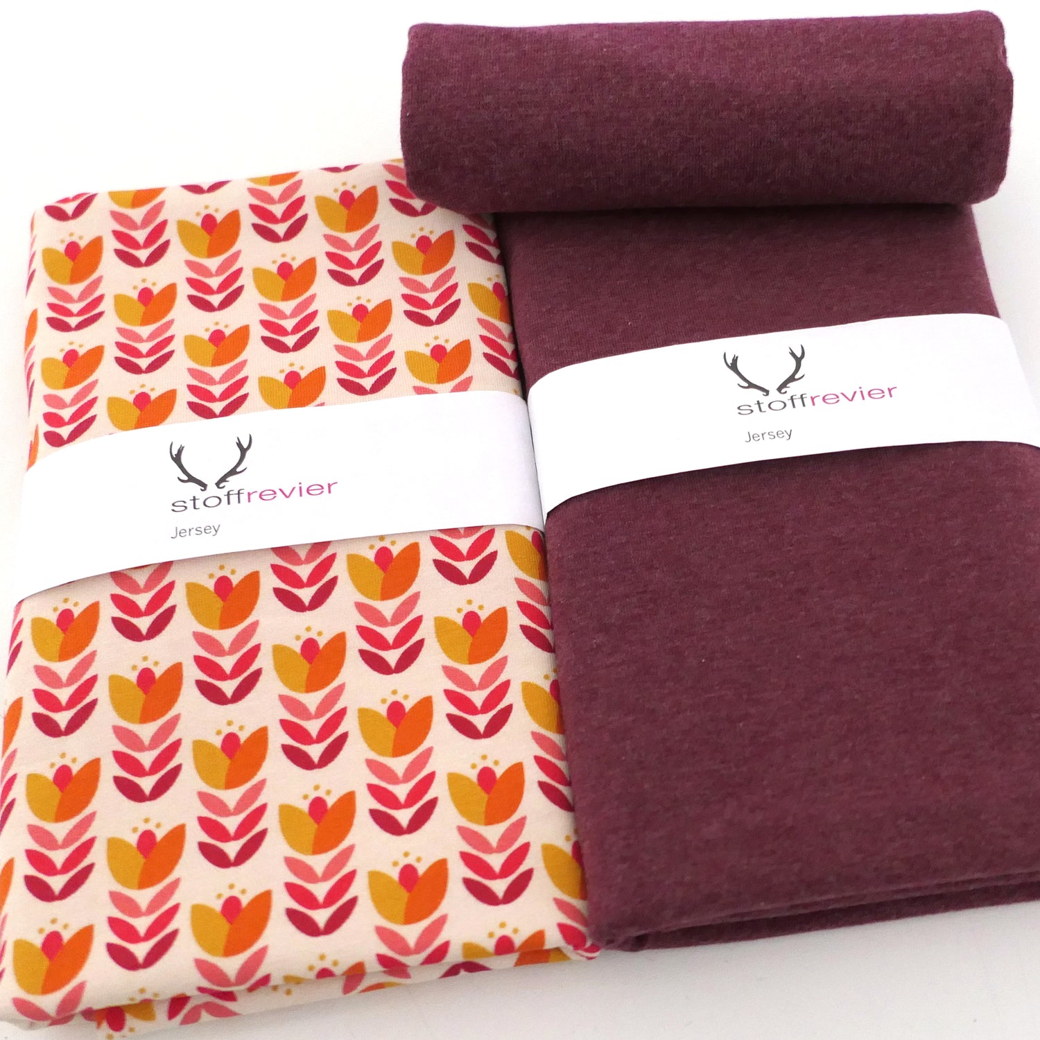 Stoffpaket Jersey, Retro Tulpe, Natur, Uni Melange und Bündchen Bordeaux