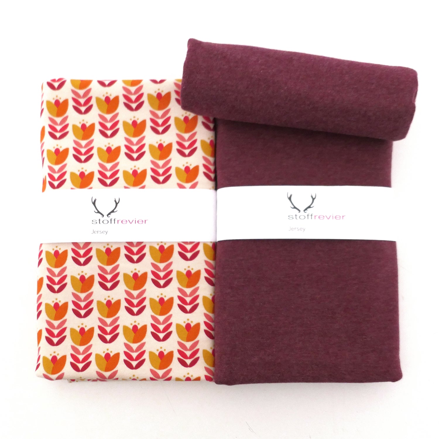 Stoffpaket Jersey, Retro Tulpe, Natur, Uni Melange und Bündchen Bordeaux