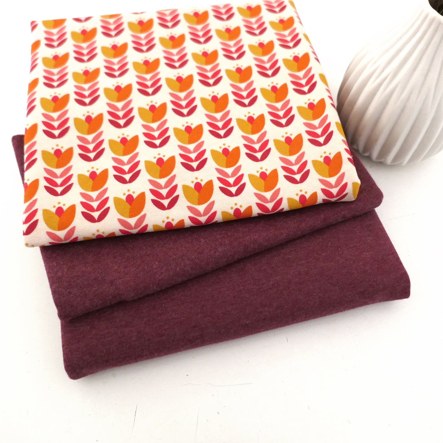 Stoffpaket Jersey, Retro Tulpe, Natur, Uni Melange und Bündchen Bordeaux