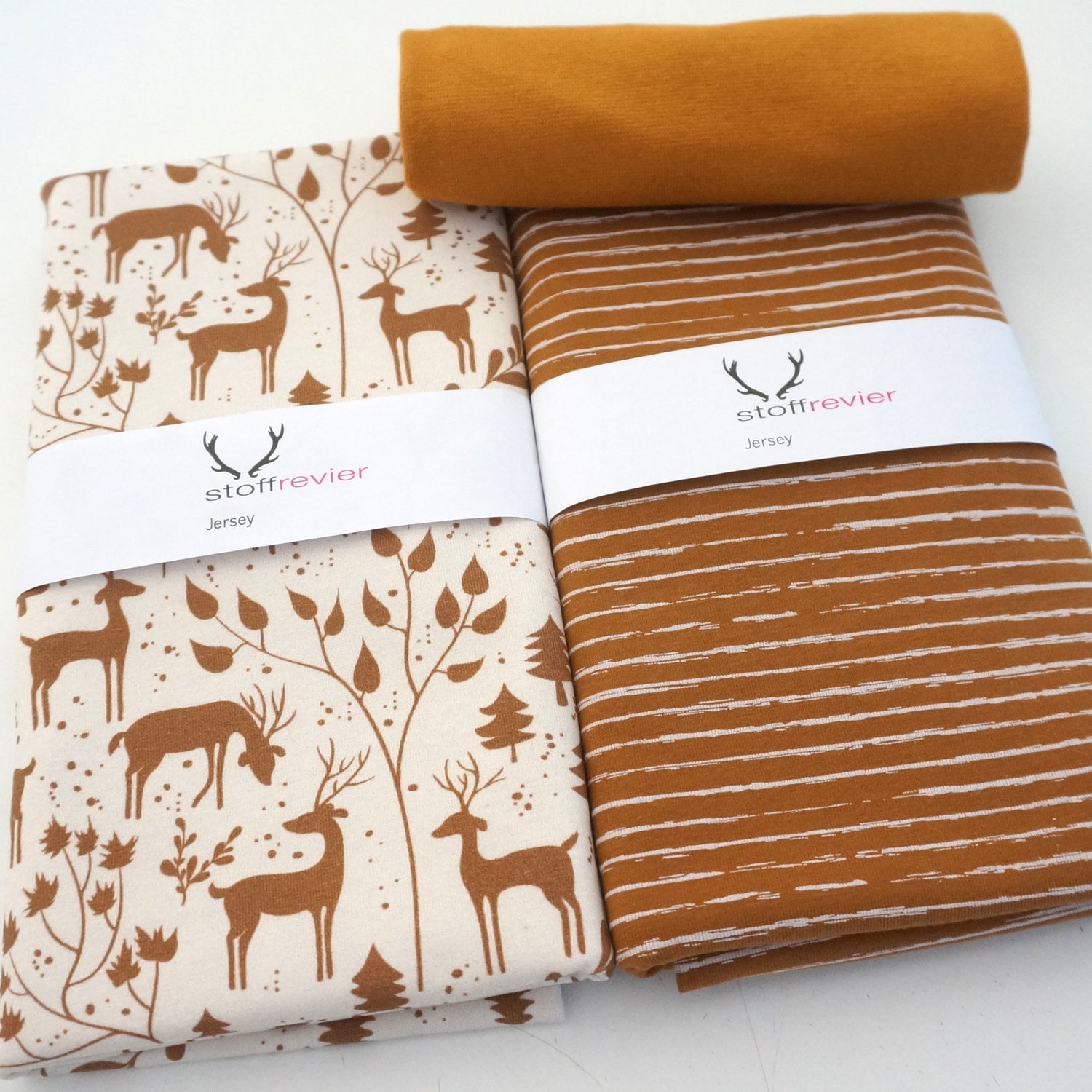Stoffpaket Jersey 'Miniwinter' Rotwild, Linien Ocker, Bündchen