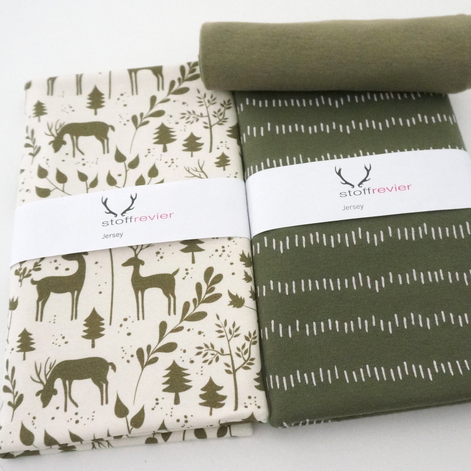 Stoffpaket Jersey, 'Miniwinter, Rotwild, Striche Moos, Bündchen