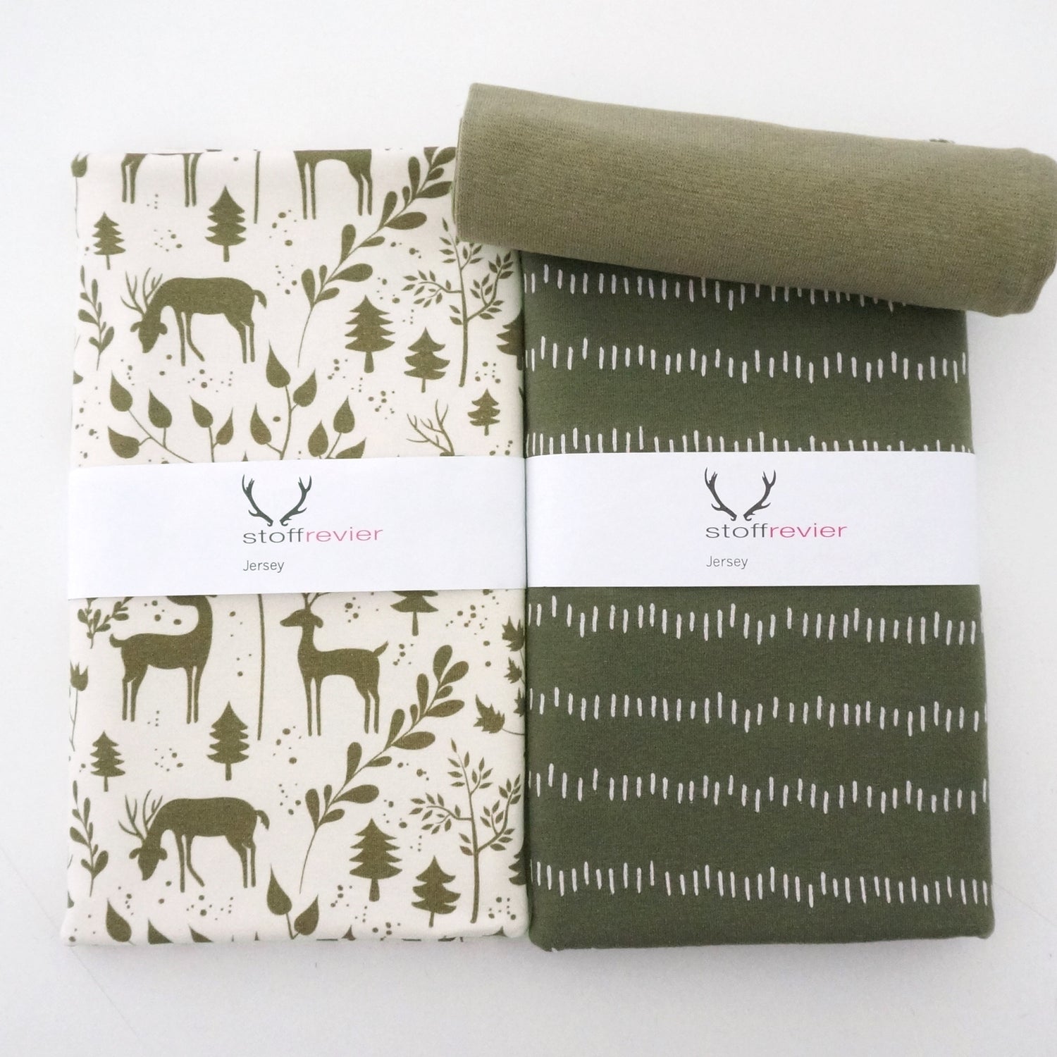 Stoffpaket Jersey, 'Miniwinter, Rotwild, Striche Moos, Bündchen
