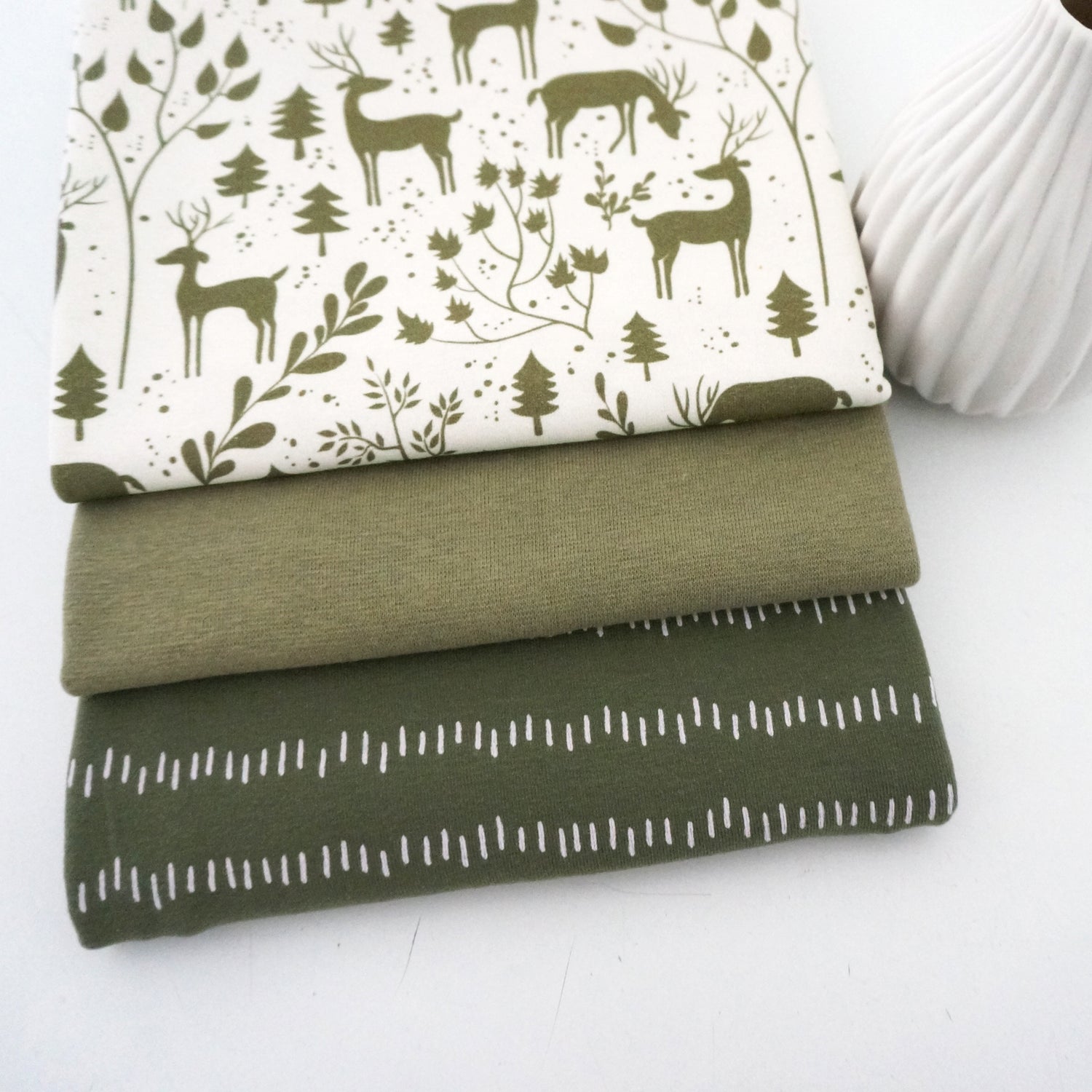 Stoffpaket Jersey, 'Miniwinter, Rotwild, Striche Moos, Bündchen