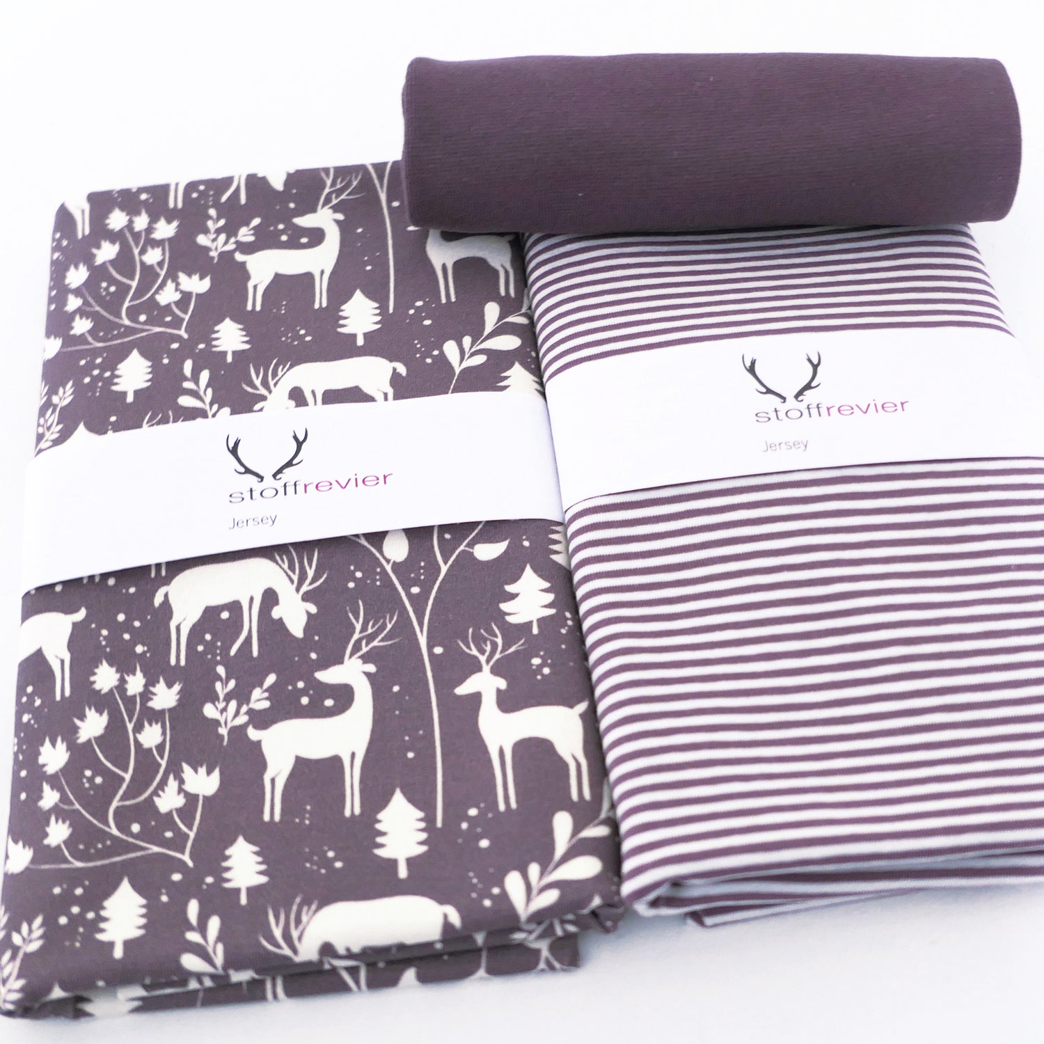 Stoffpaket Jersey, 'Miniwinter, Rotwild, Ringel Mauve, Bündchen