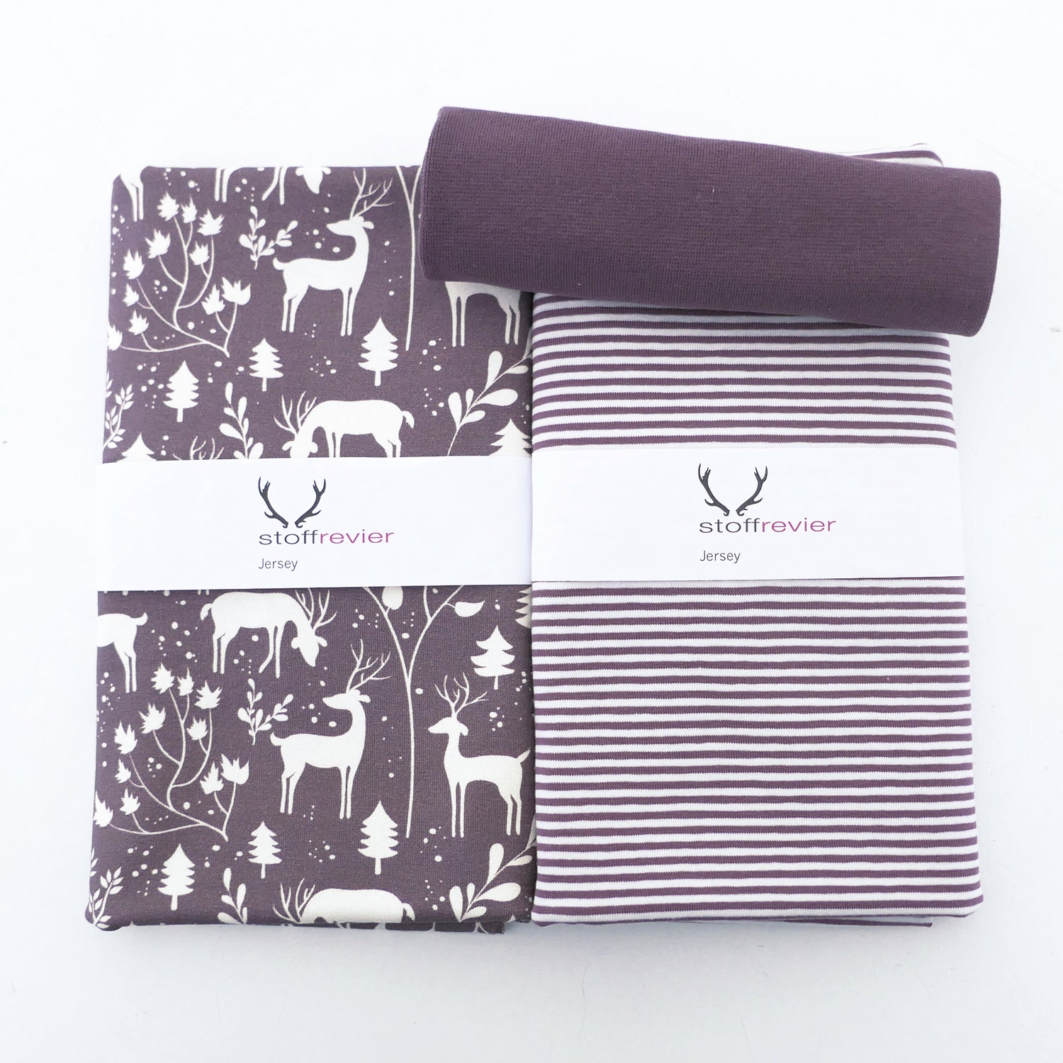 Stoffpaket Jersey, 'Miniwinter, Rotwild, Ringel Mauve, Bündchen