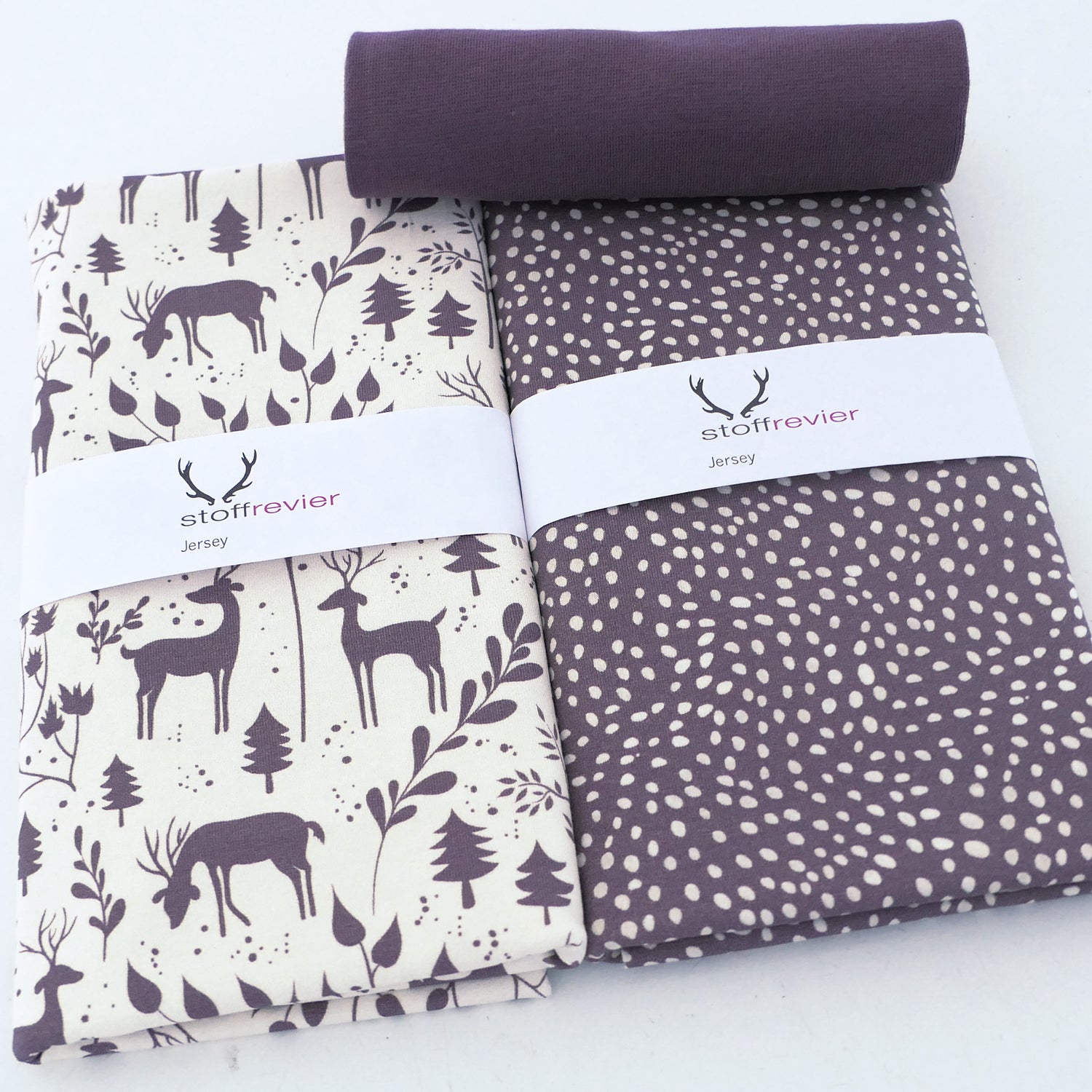 Stoffpaket Jersey 'Miniwinter' Rotwild, Kleckse Mauve, Bündchen