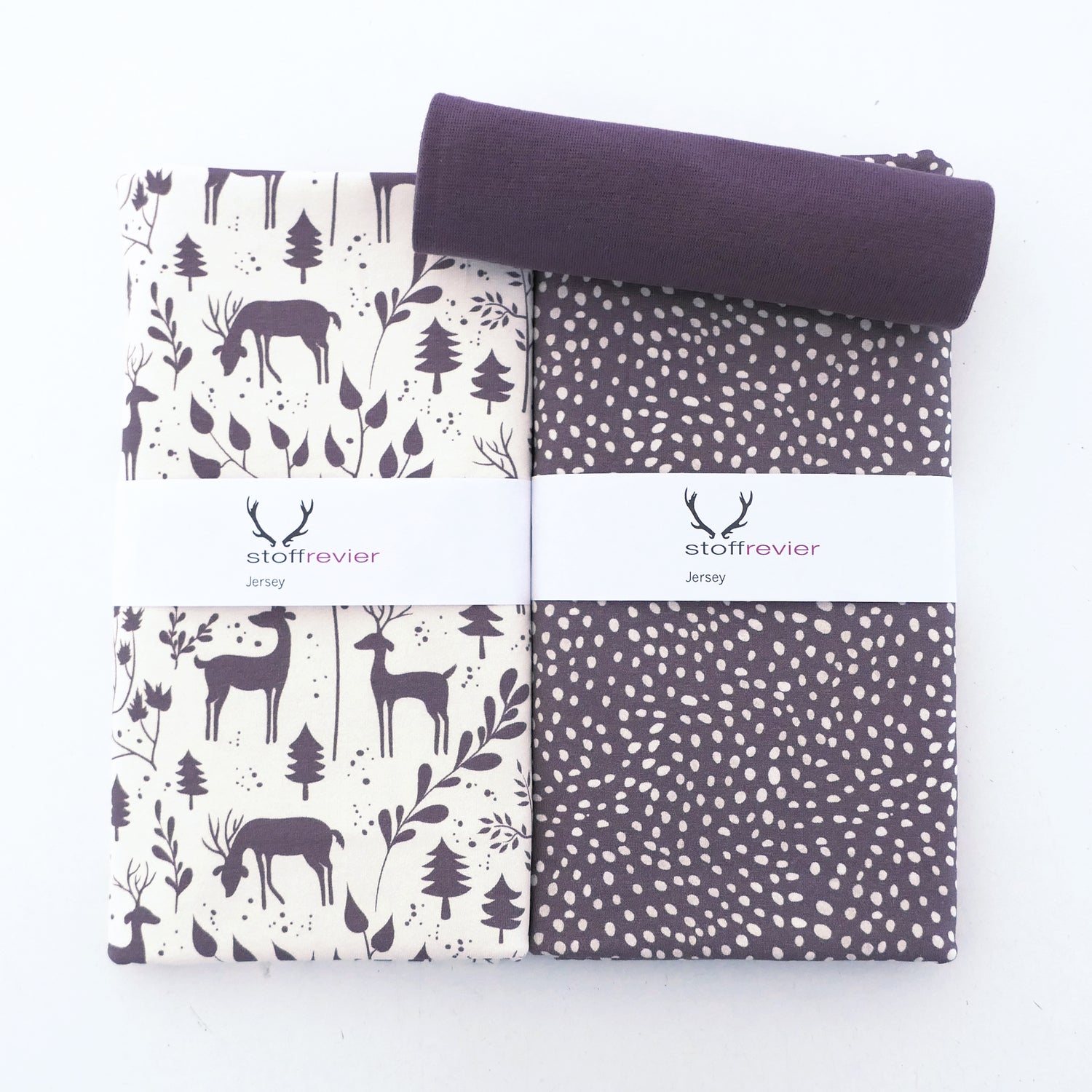 Stoffpaket Jersey 'Miniwinter' Rotwild, Kleckse Mauve, Bündchen