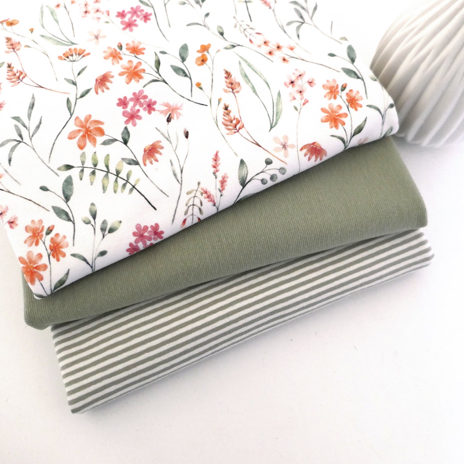 Stoffpaket Jersey, Wiesenblumen Off-White, Ringel und Bündchen Khaki