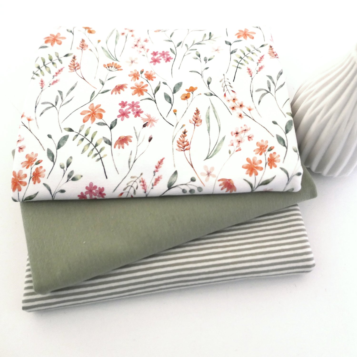 Stoffpaket Jersey, Wiesenblumen Off-White, Ringel und Bündchen Khaki