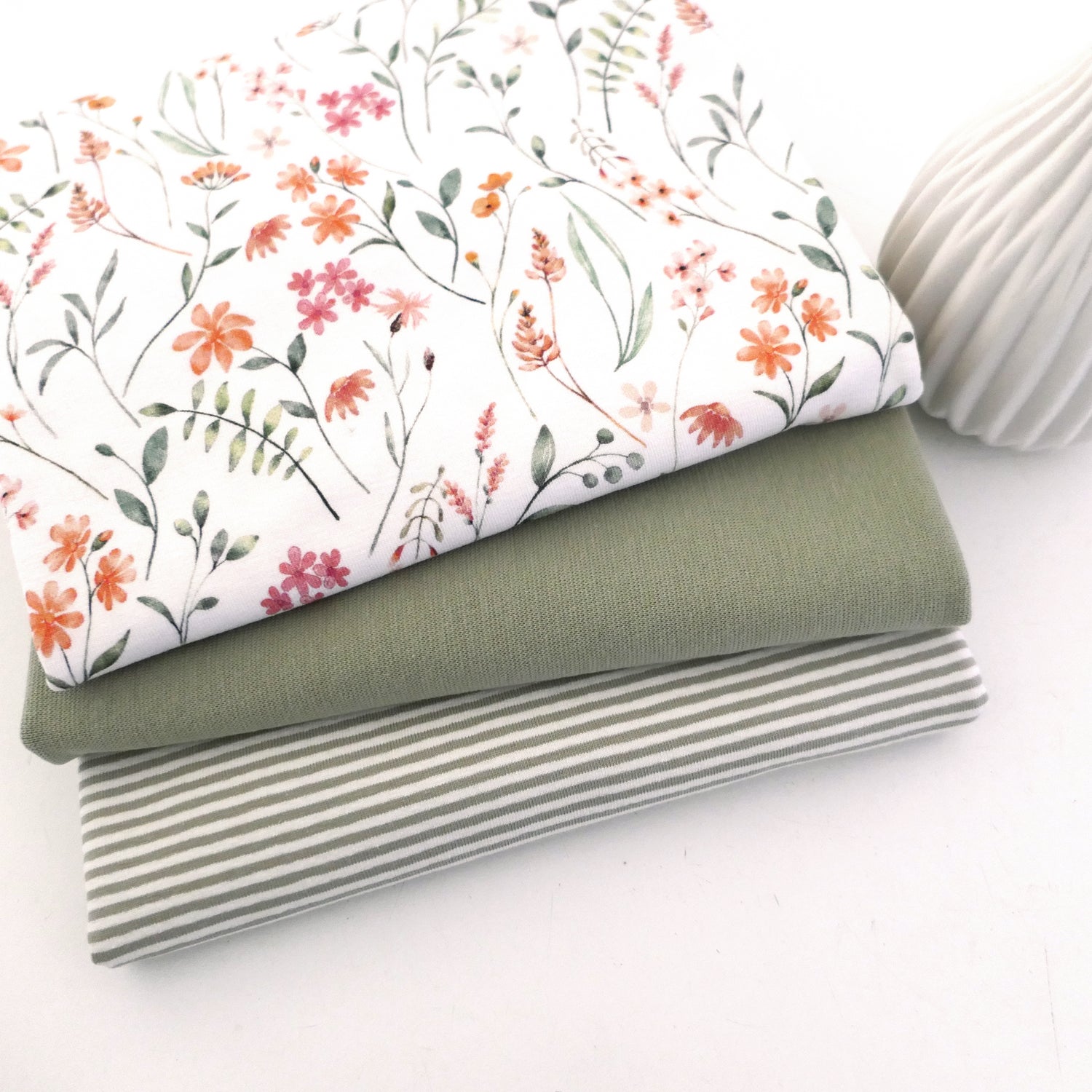 Stoffpaket Jersey, Wiesenblumen Off-White, Ringel und Bündchen Khaki