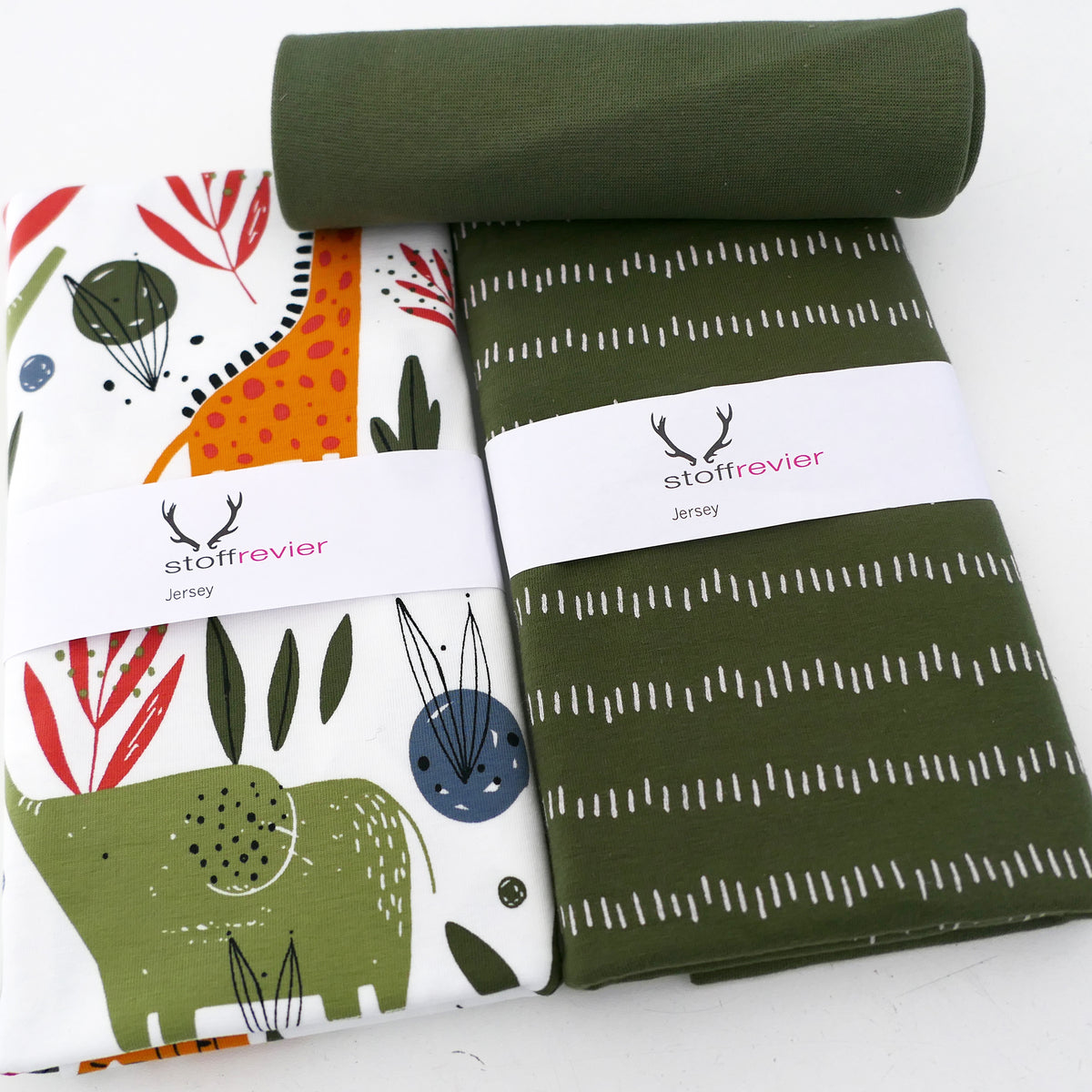 Stoffpaket Jersey, Wilde Tiere Bunt, Striche und Bündchen Grün