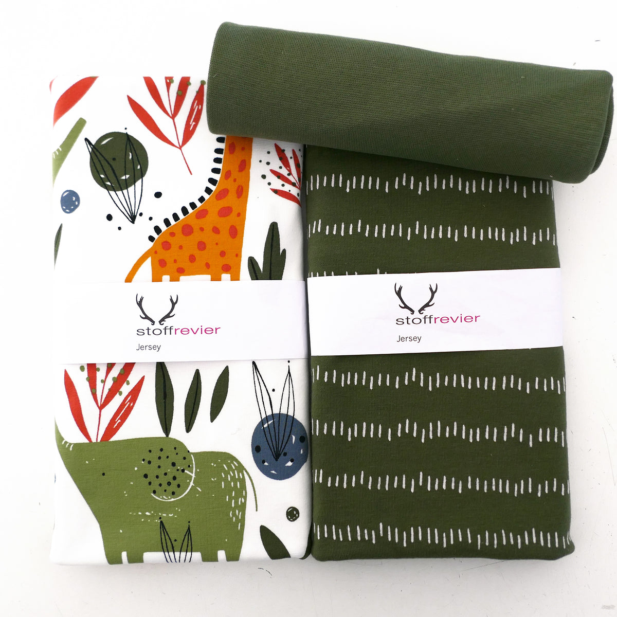 Stoffpaket Jersey, Wilde Tiere Bunt, Striche und Bündchen Grün