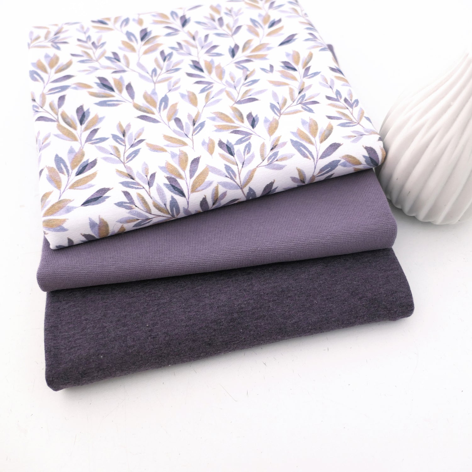 Stoffpaket Jersey Blätter, Zweige, Mauve, Uni melange, Bündchen