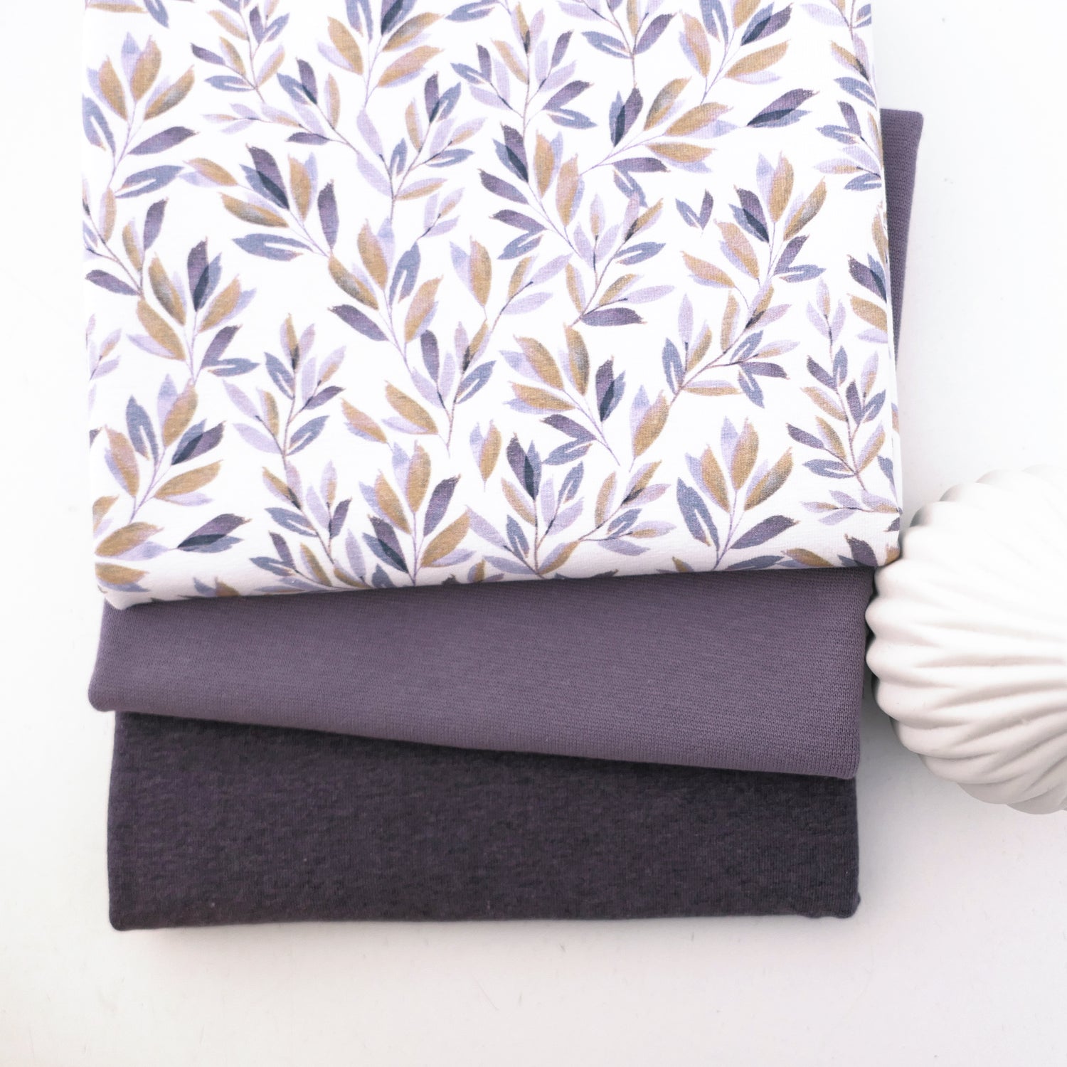 Stoffpaket Jersey Blätter, Zweige, Mauve, Uni melange, Bündchen