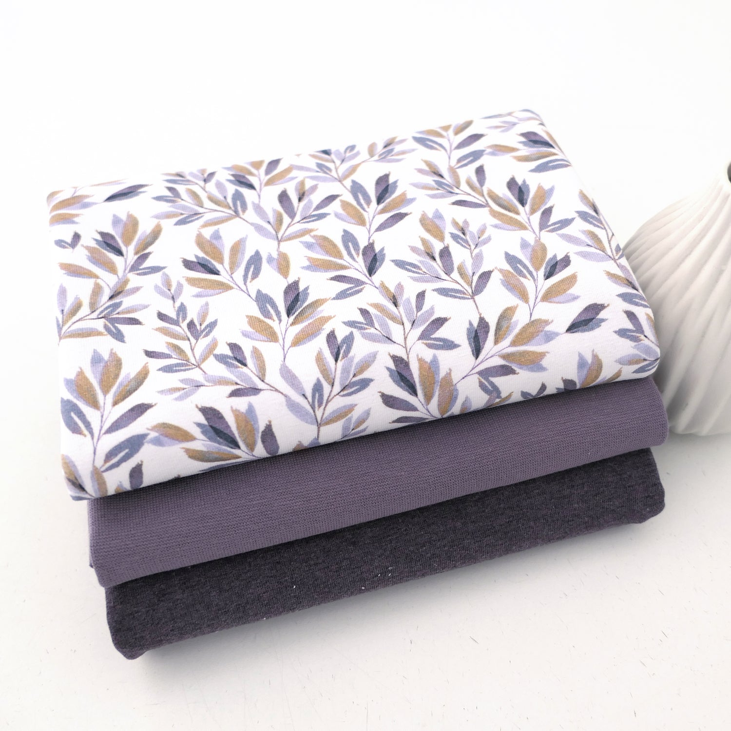 Stoffpaket Jersey Blätter, Zweige, Mauve, Uni melange, Bündchen
