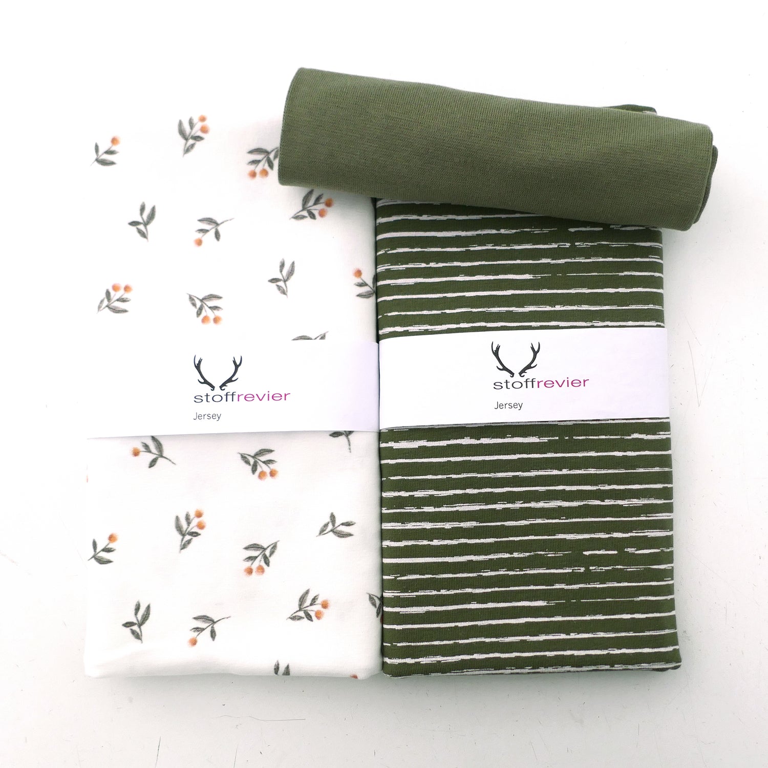 Stoffpaket Jersey, kleine Zweige, Off-White, Linien Khaki, Bündchen