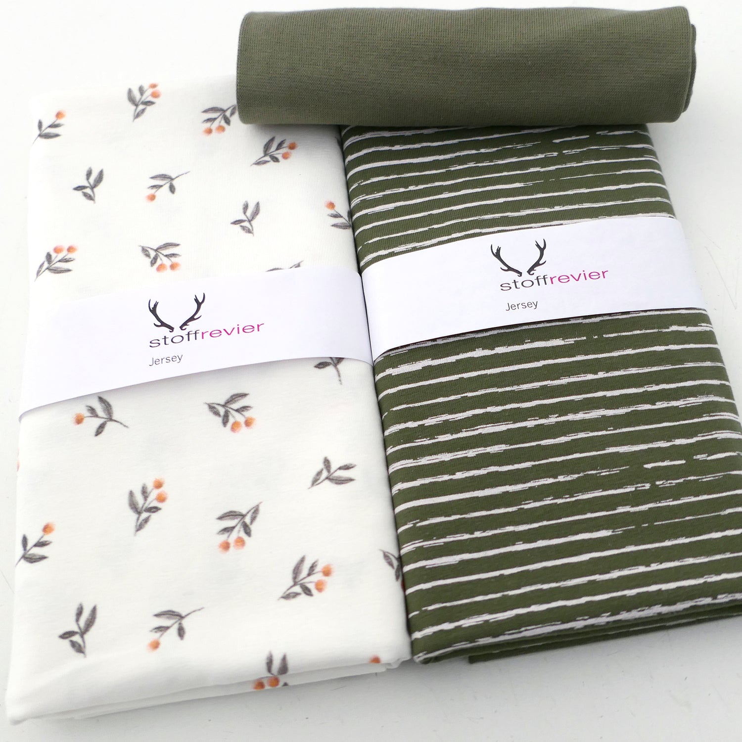 Stoffpaket Jersey, kleine Zweige, Off-White, Linien Khaki, Bündchen
