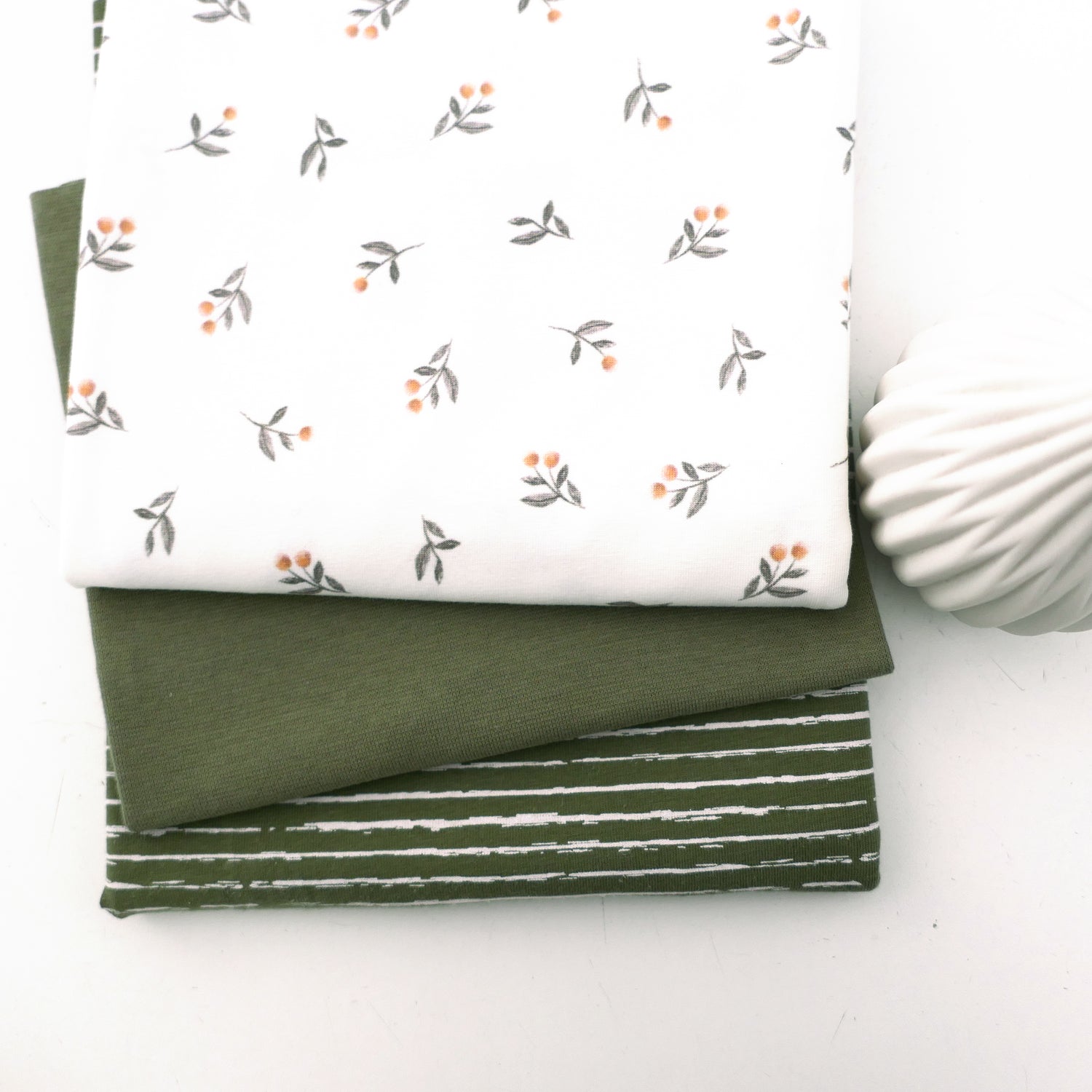 Stoffpaket Jersey, kleine Zweige, Off-White, Linien Khaki, Bündchen
