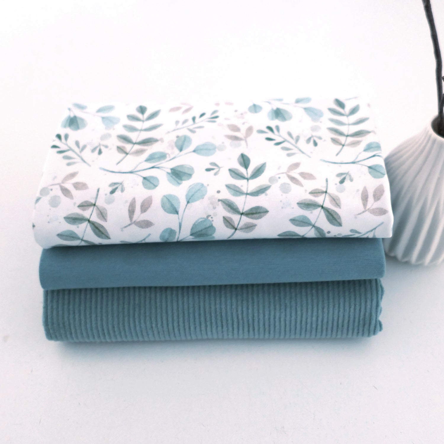 Stoffpaket Jersey Zweige, Blätter, elastischer Cord Uni Mint, Bündchen