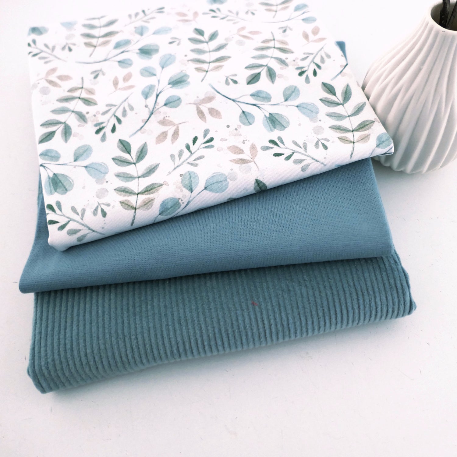 Stoffpaket Jersey Zweige, Blätter, elastischer Cord Uni Mint, Bündchen