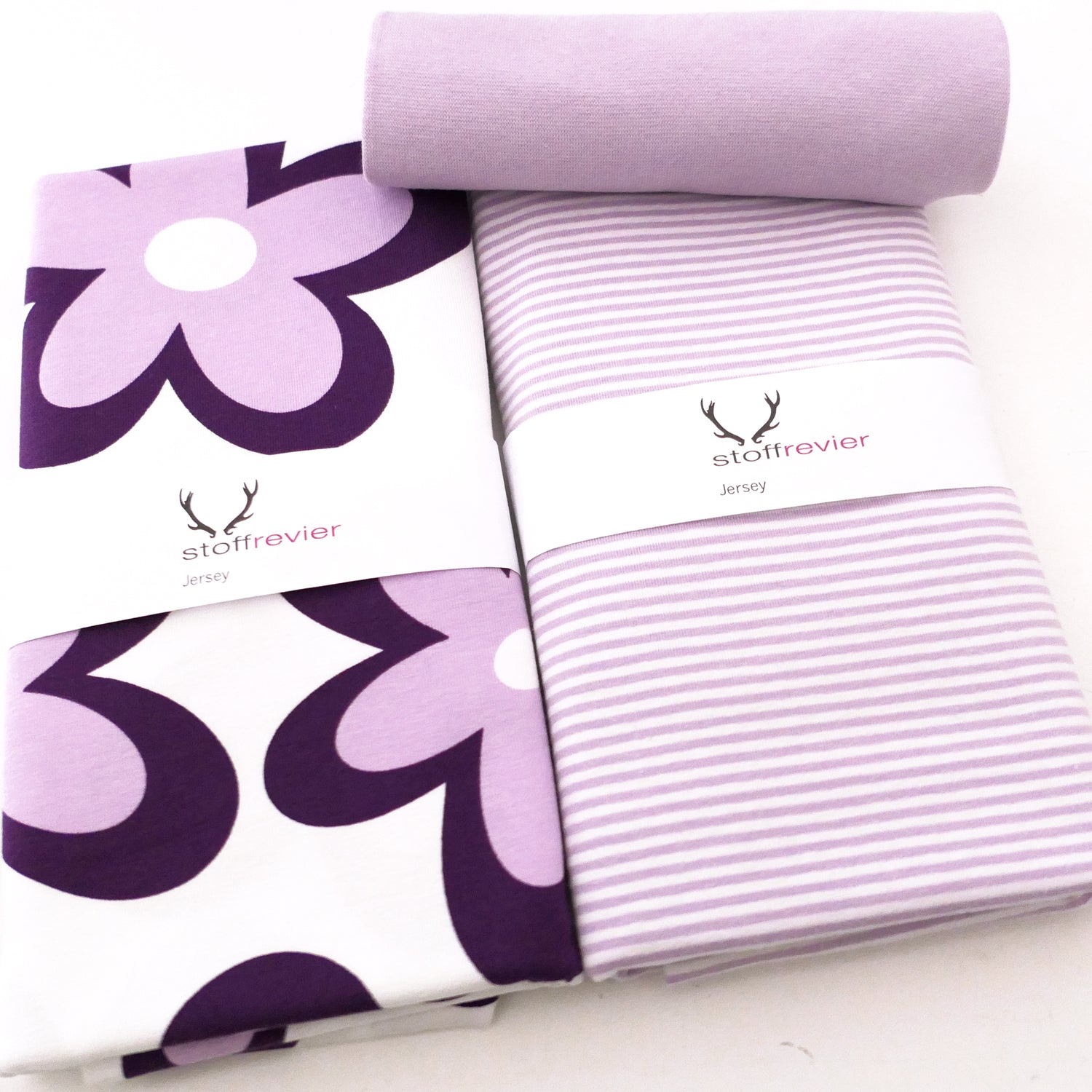 Jersey Stoffpaket, große Blüten, Lila, Ringel und Bündchen