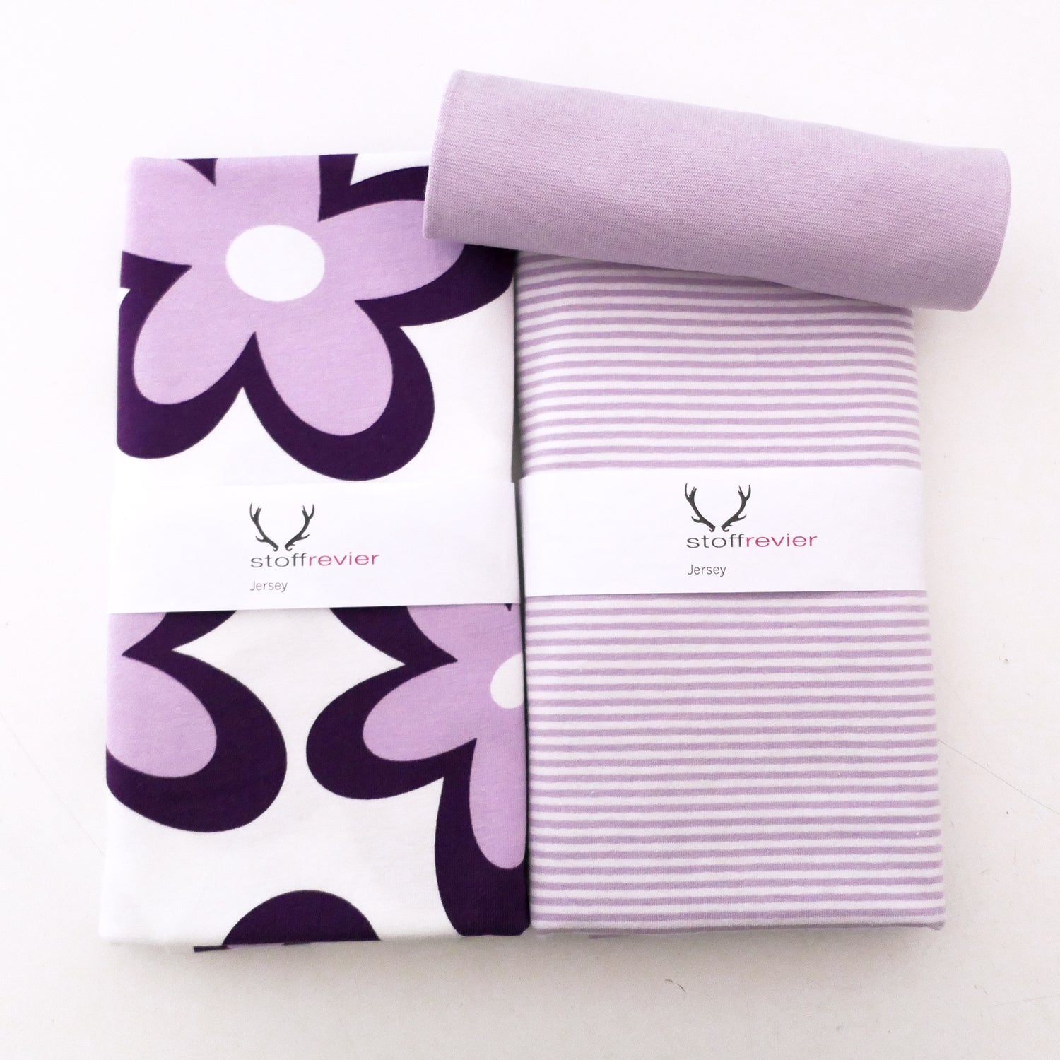 Jersey Stoffpaket, große Blüten, Lila, Ringel und Bündchen