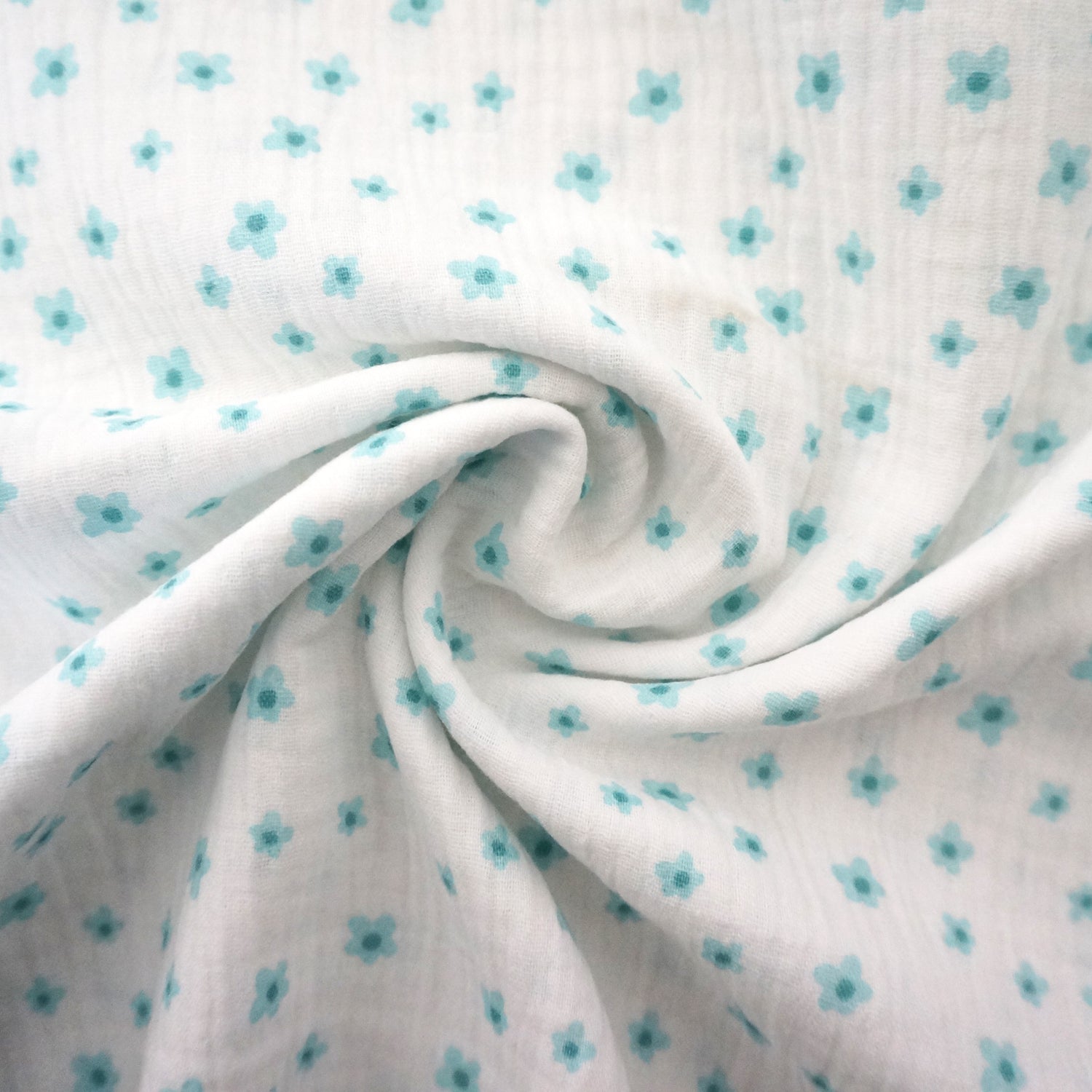 Musselin, Double Gauze, kleine Blume, Weiß/Aqua, Meterware