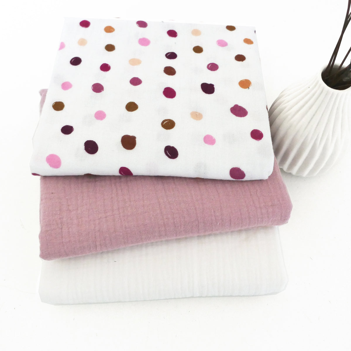 Stoffpaket Musselin, bunte Kleckse, Uni Altrosa und Natur