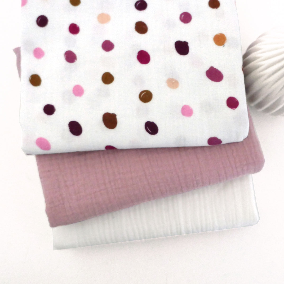 Stoffpaket Musselin, bunte Kleckse, Uni Altrosa und Natur