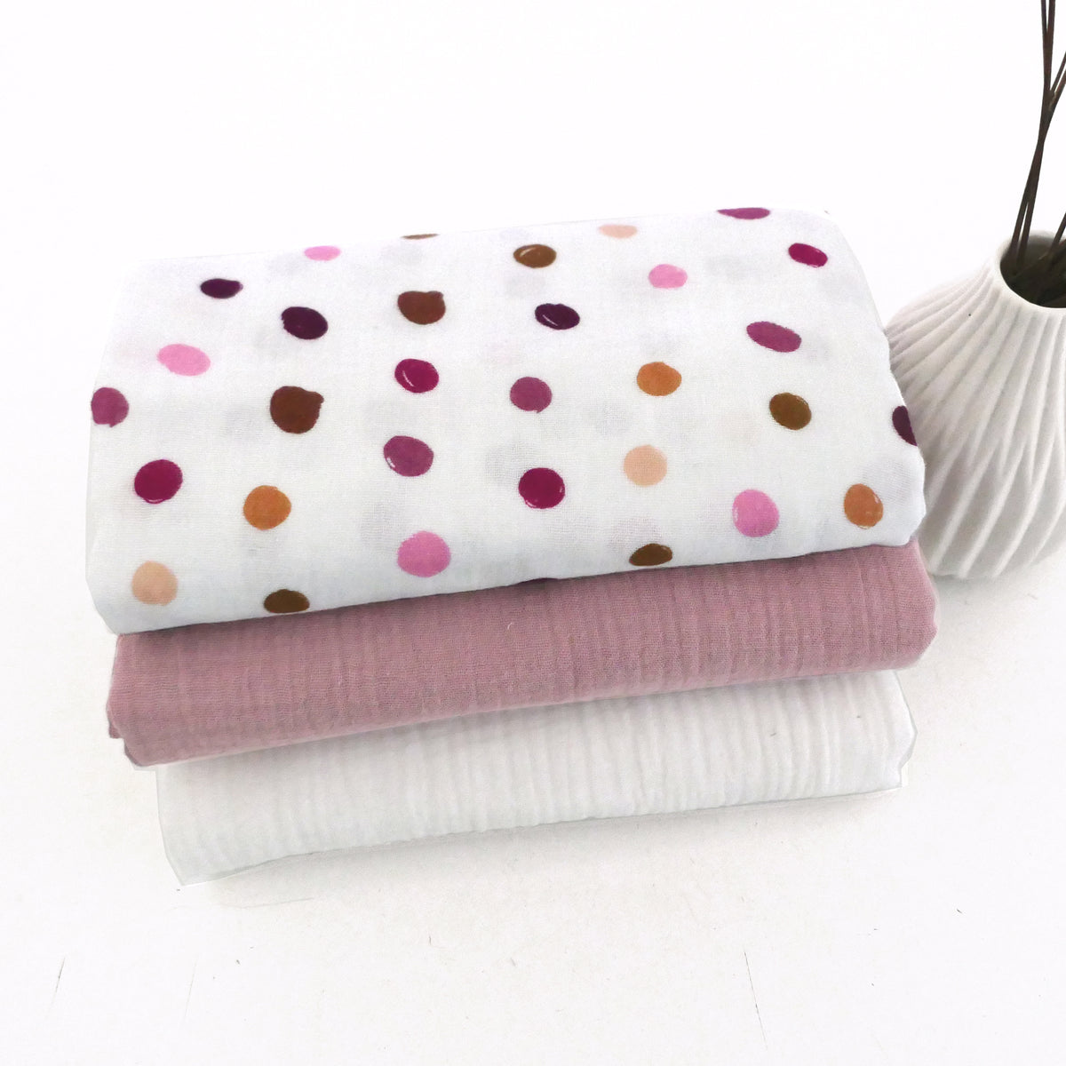 Stoffpaket Musselin, bunte Kleckse, Uni Altrosa und Natur