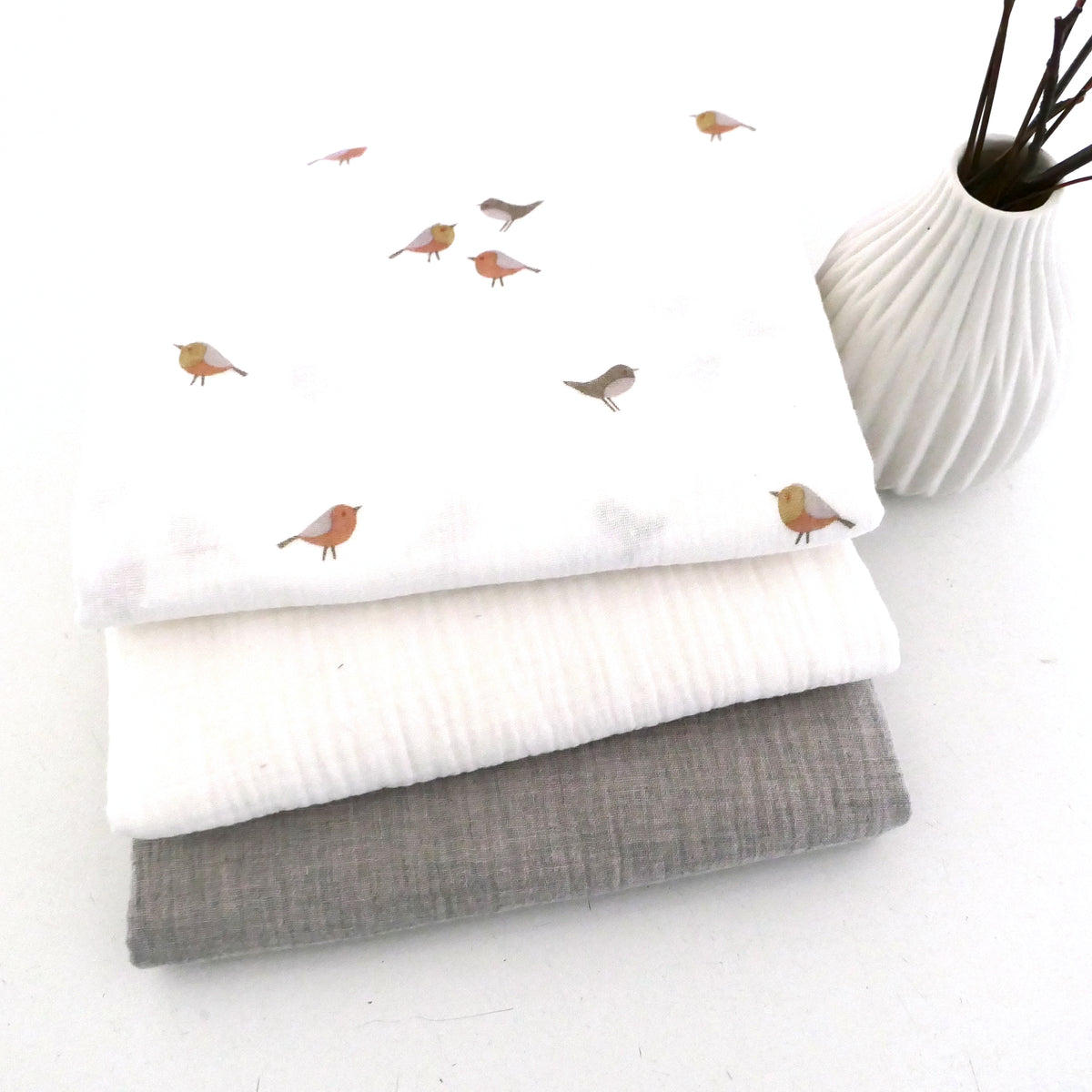 Stoffpaket Musselin, Birds, süße Vögel mit Uni Senf und Hellbeige meliert