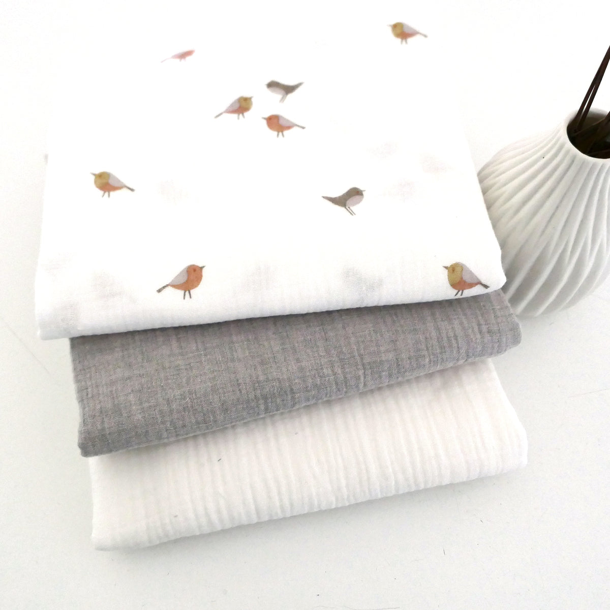 Stoffpaket Musselin, Birds, süße Vögel mit Uni Senf und Hellbeige meliert