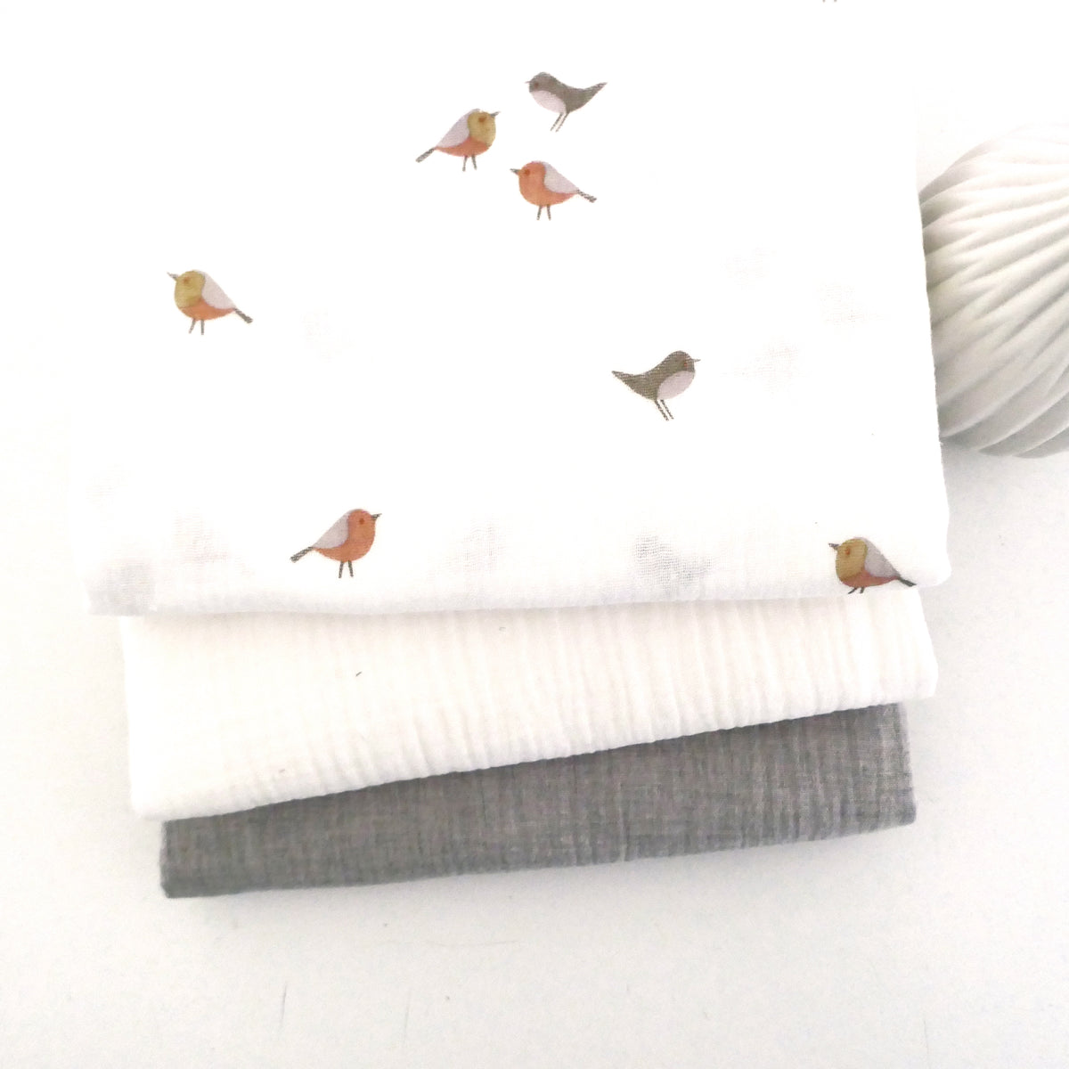Stoffpaket Musselin, Birds, süße Vögel mit Uni Senf und Hellbeige meliert