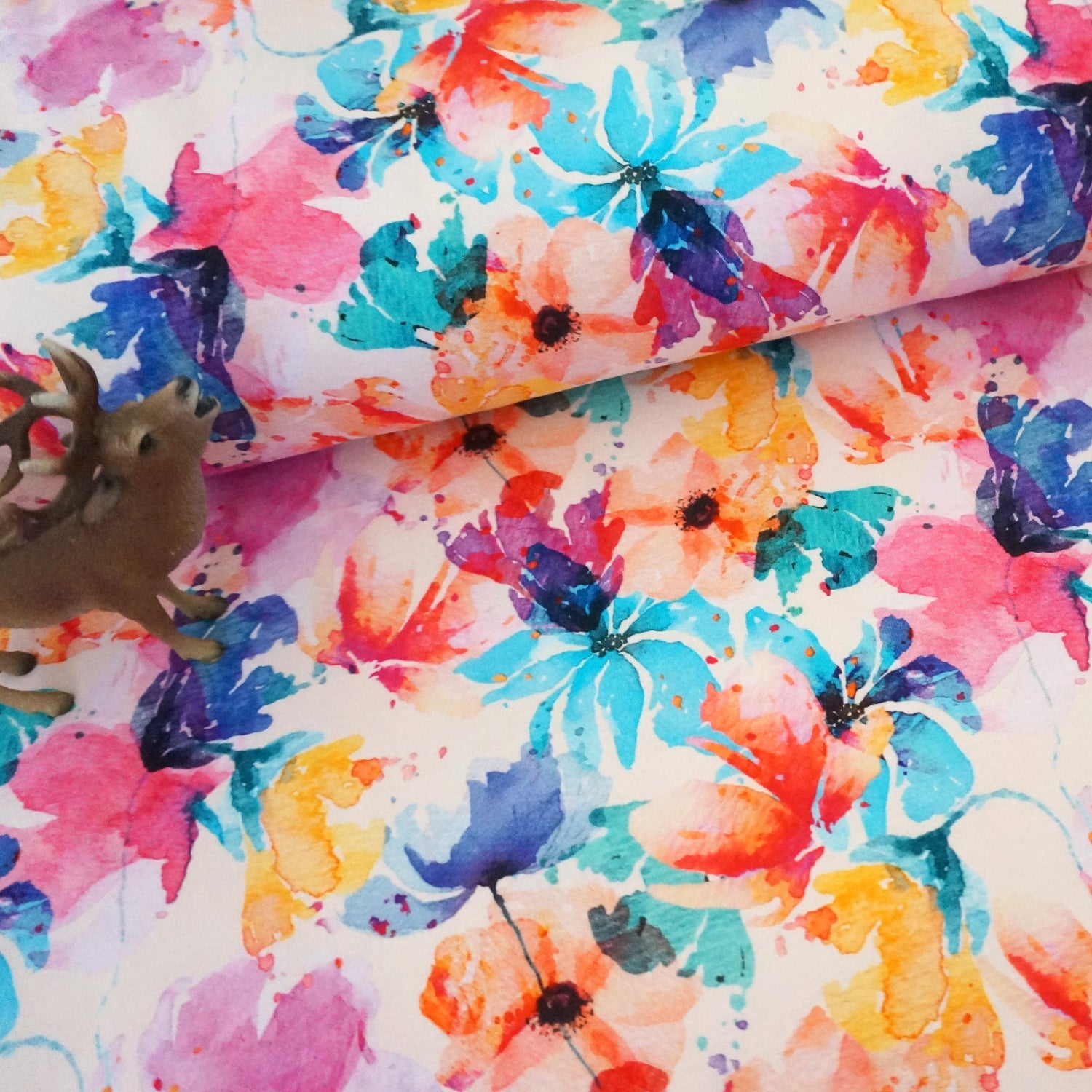 Jersey Blätter, Aquarell Blumen, Blüten, Bunt, Meterware
