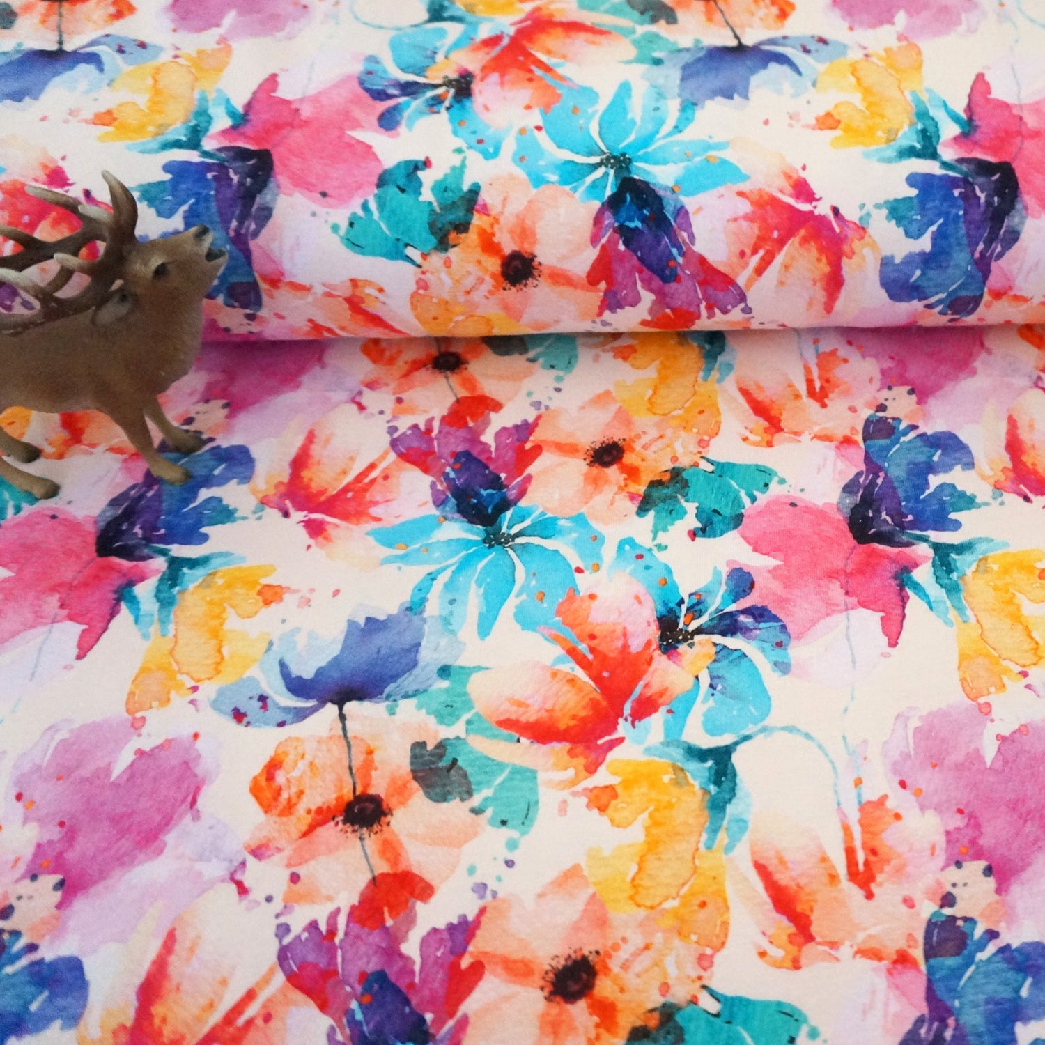 Jersey Blätter, Aquarell Blumen, Blüten, Bunt, Meterware