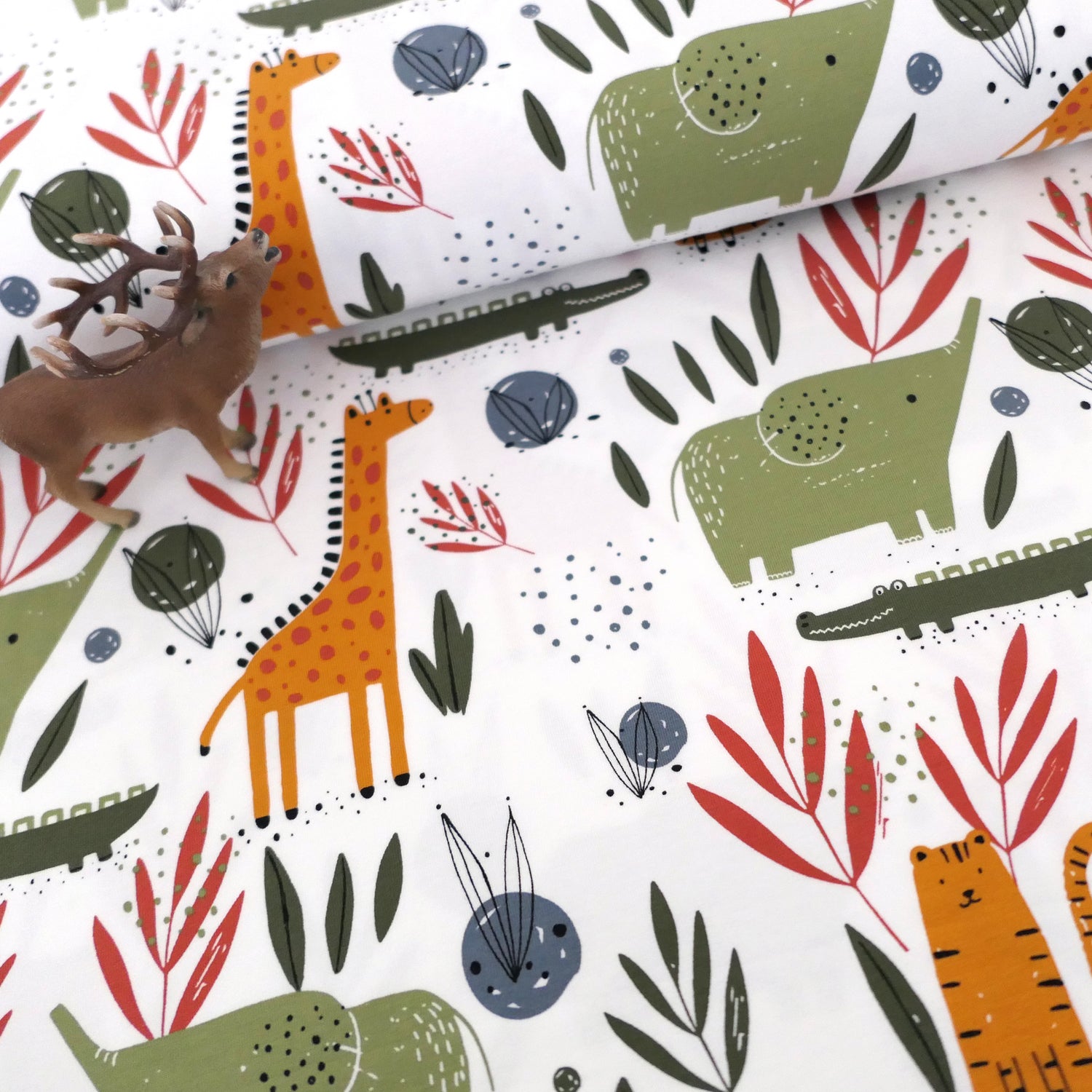 Jersey Wilde Tiere, Off-White, Bunt, Meterware