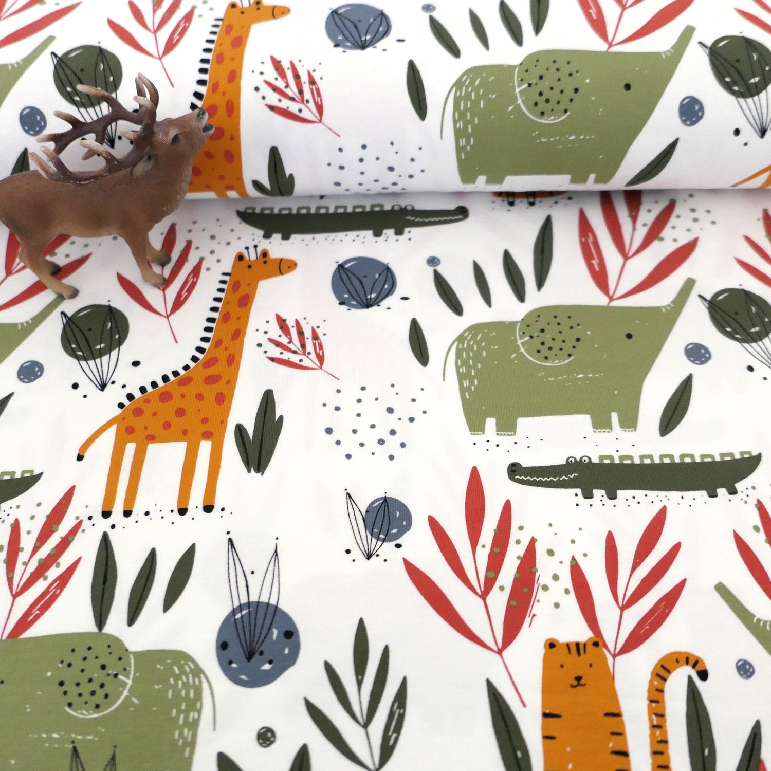 Jersey Wilde Tiere, Off-White, Bunt, Meterware