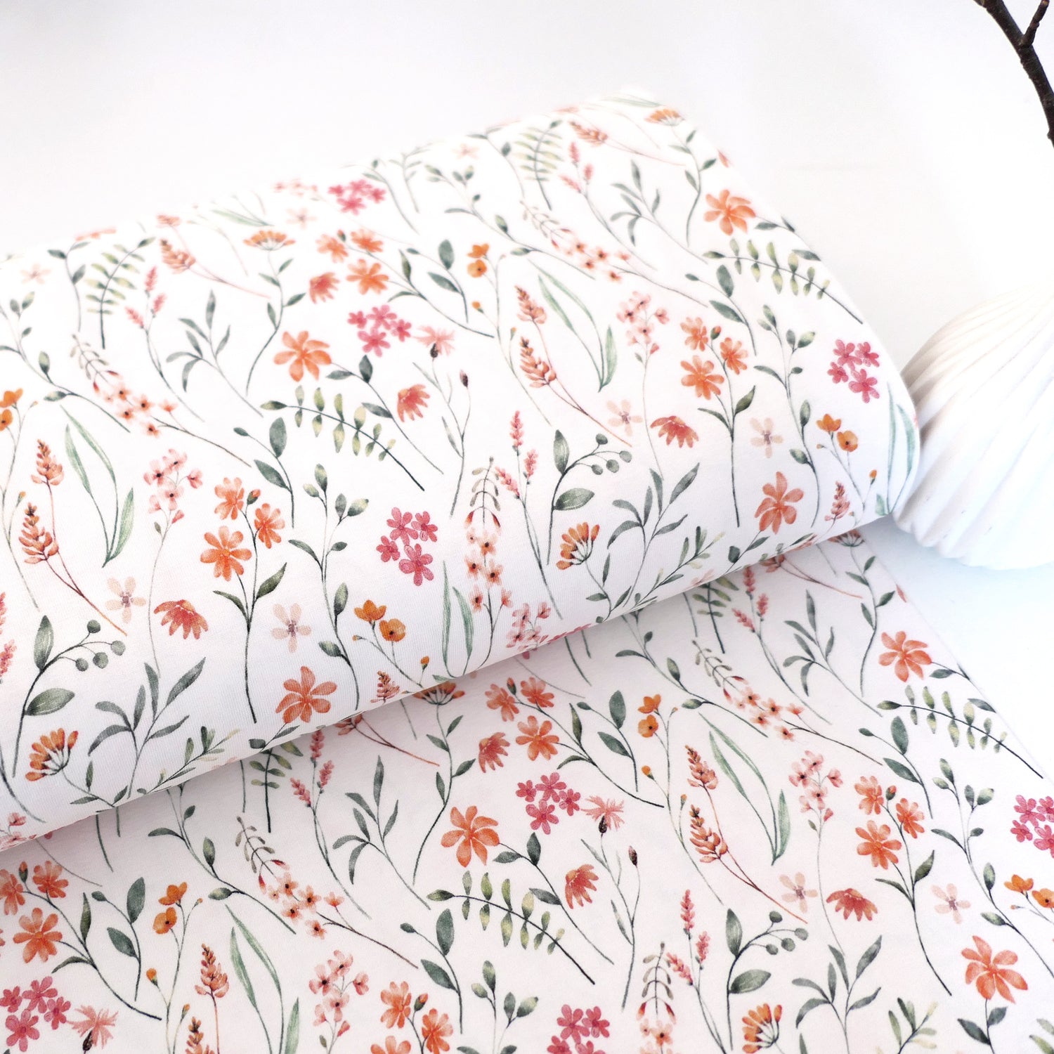 Jersey Blüten, Zweige, Kräuter, Off-White, Bunt, Meterware