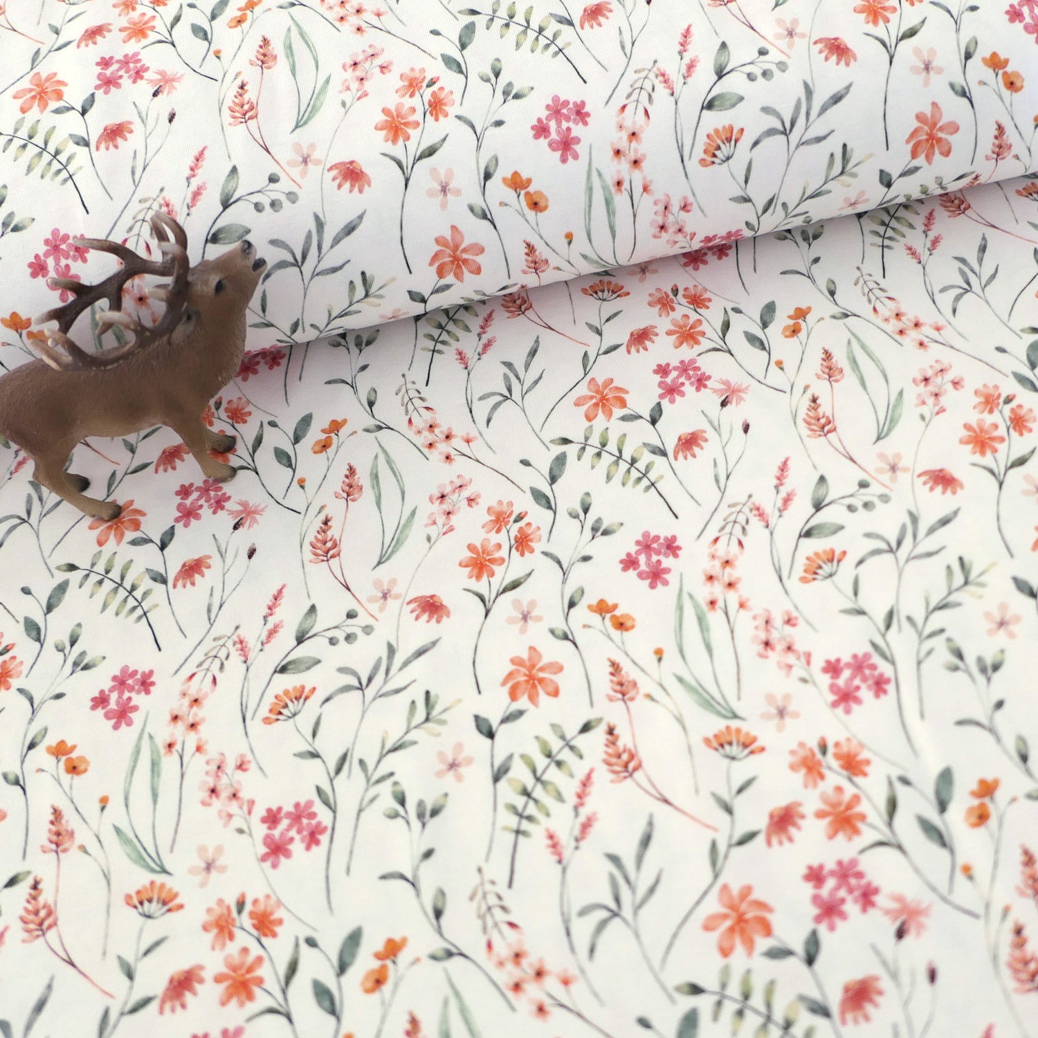 Jersey Blüten, Zweige, Kräuter, Off-White, Bunt, Meterware