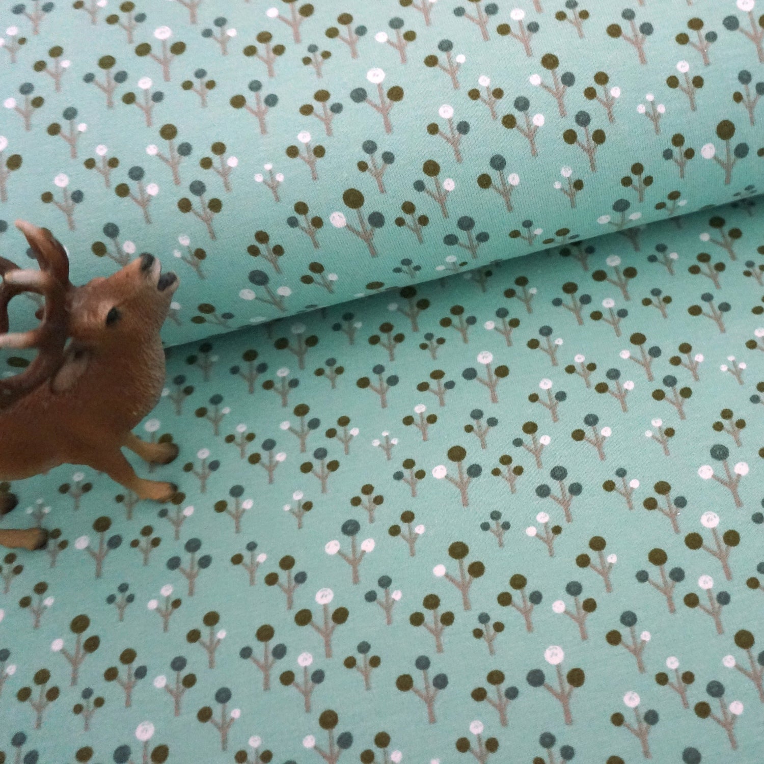 Jersey Bäume, Mint, Beige, Meterware