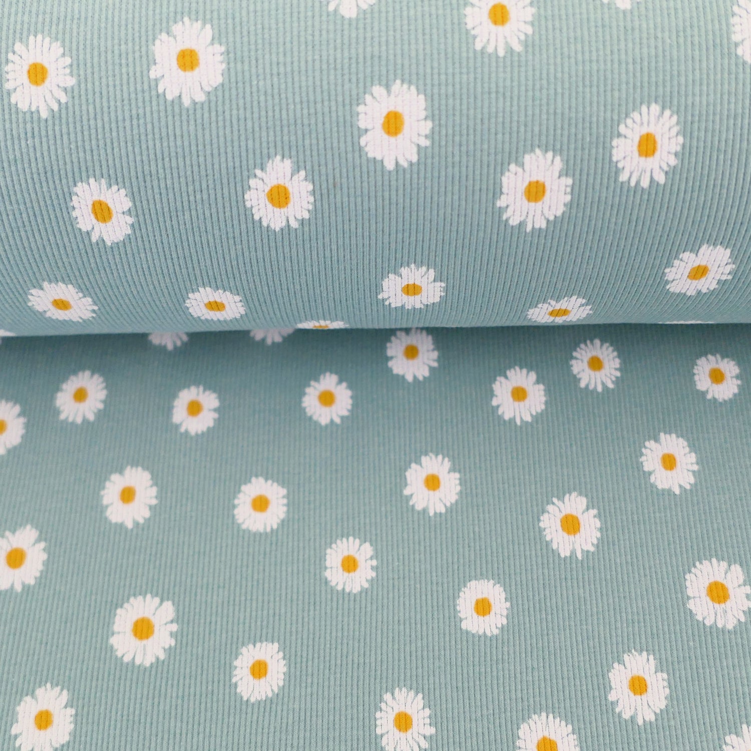 Ripjersey, Gänseblümchen, Margheriten, Mint, Meterware