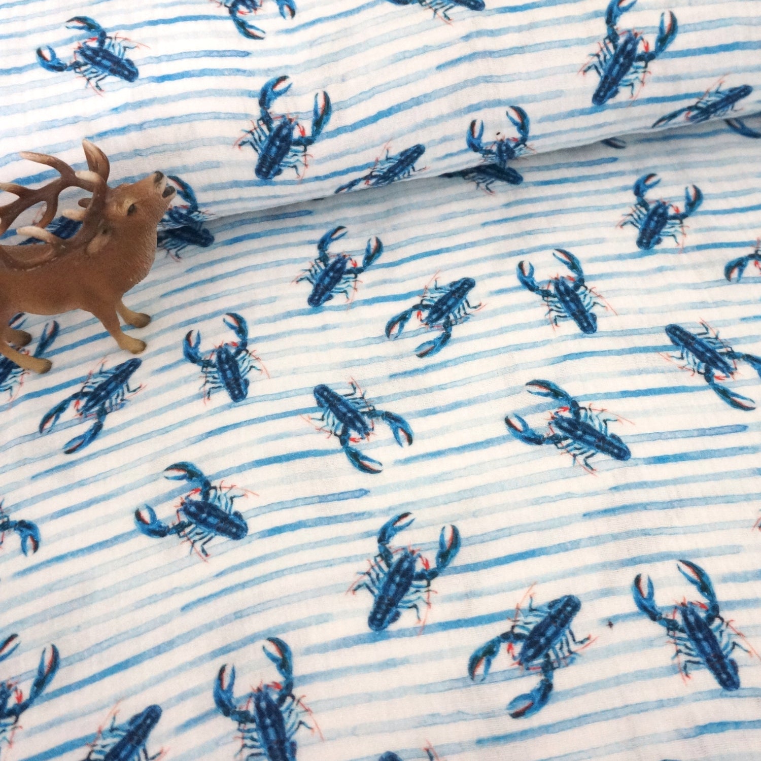 Musselin, Double Gauze, Lobster, Weiß/Blau, Meterware