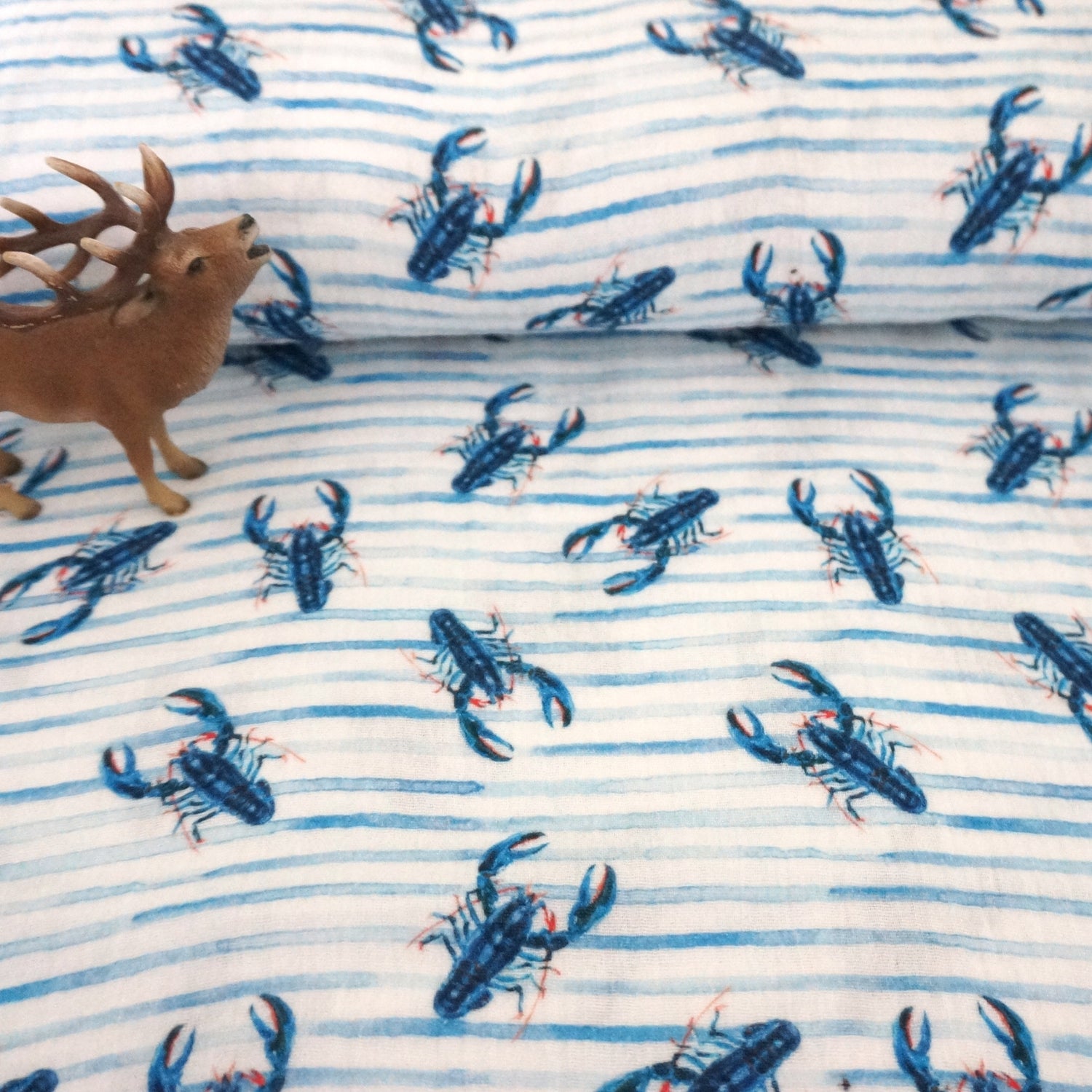 Musselin, Double Gauze, Lobster, Weiß/Blau, Meterware
