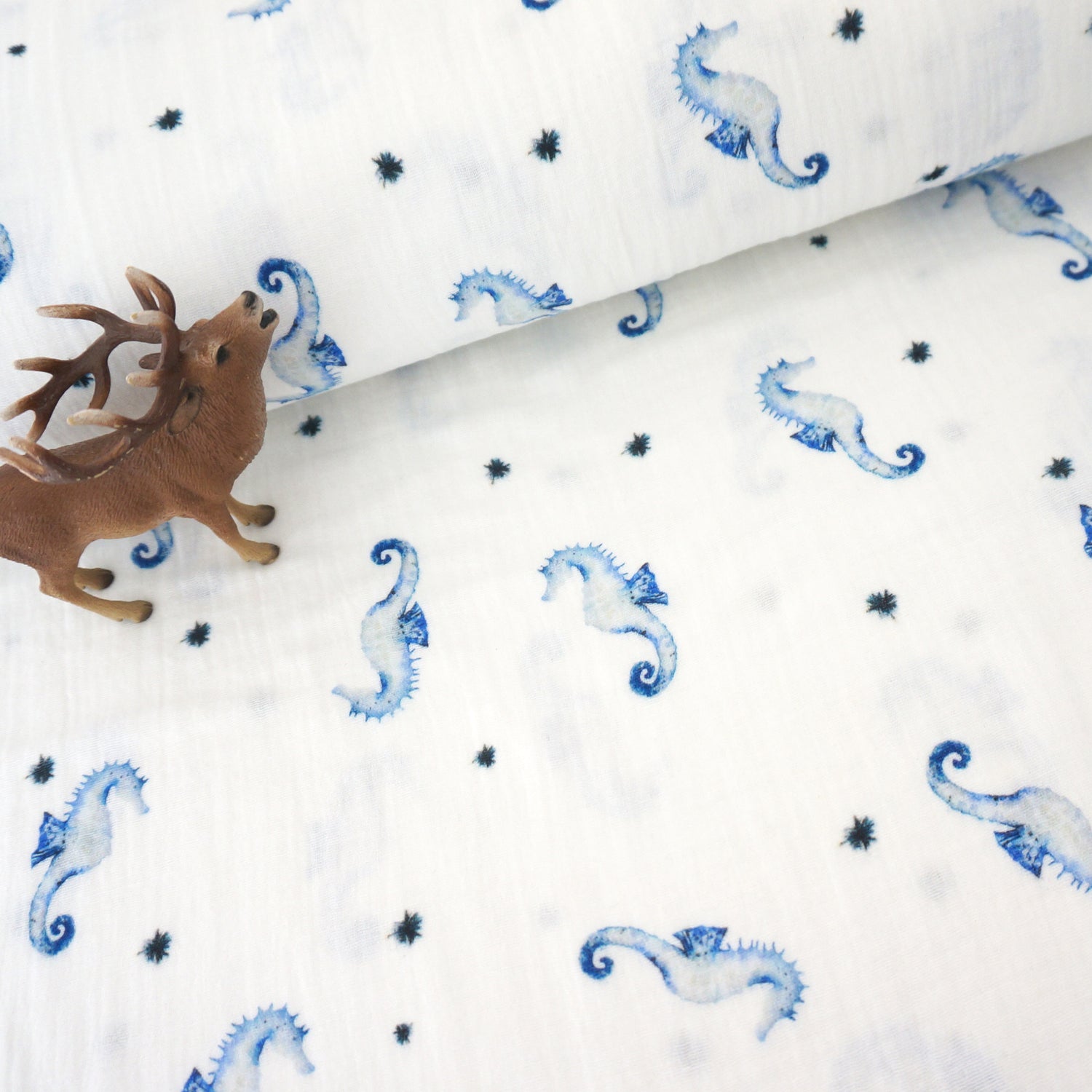 Musselin, Double Gauze, Seepferdchen Blau, Meterware