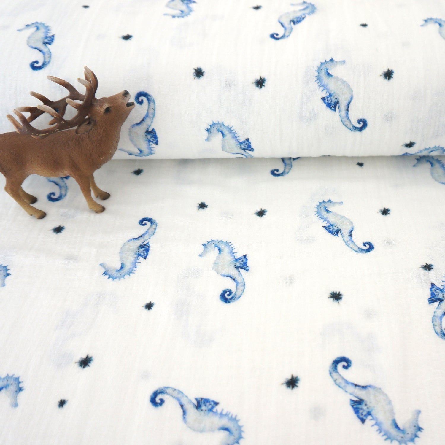 Musselin, Double Gauze, Seepferdchen Blau, Meterware