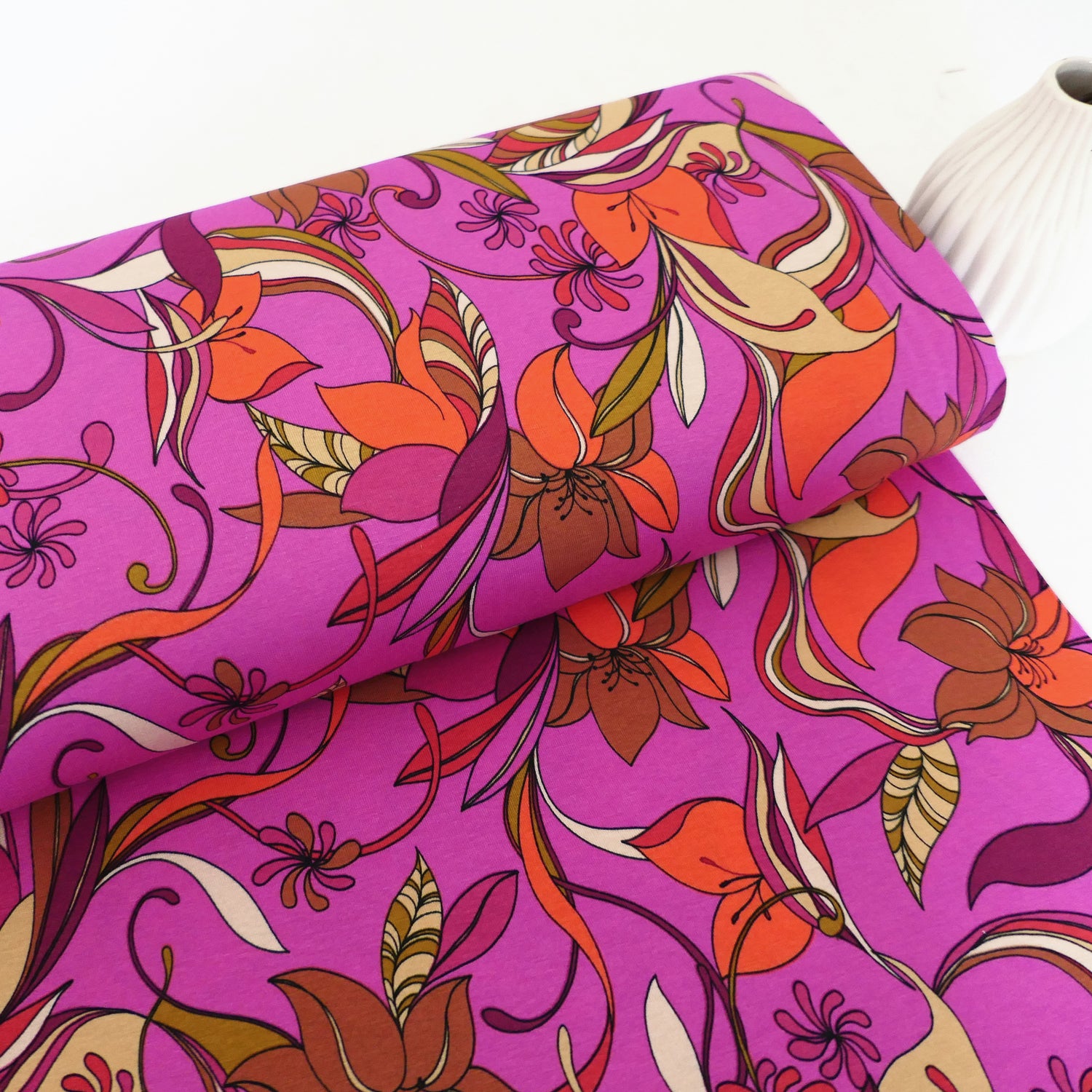 Viskosejersey, Lilien, 70er, Pink, leichter Kleiderstoff, Meterware
