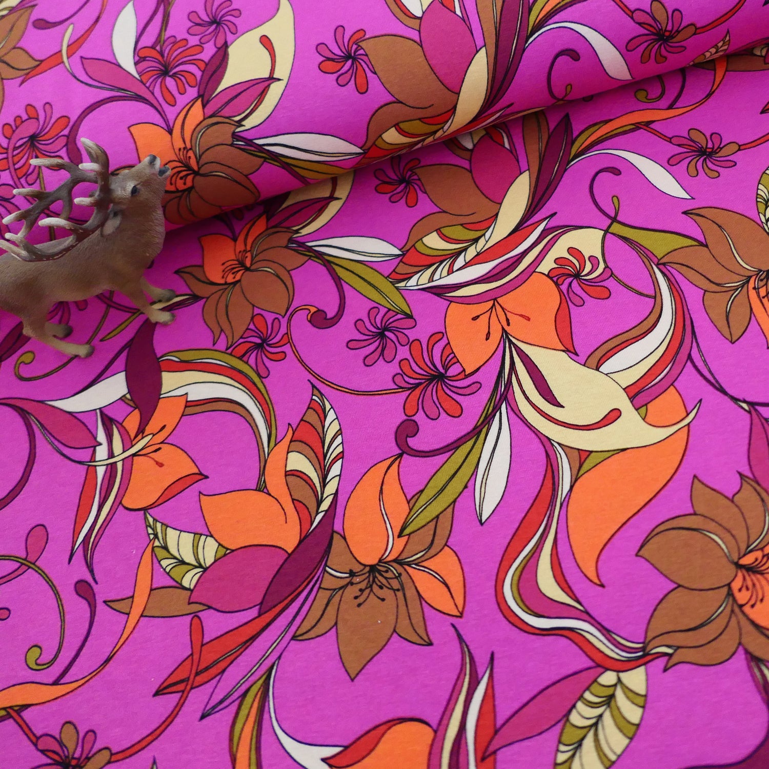 Viskosejersey, Lilien, 70er, Pink, leichter Kleiderstoff, Meterware